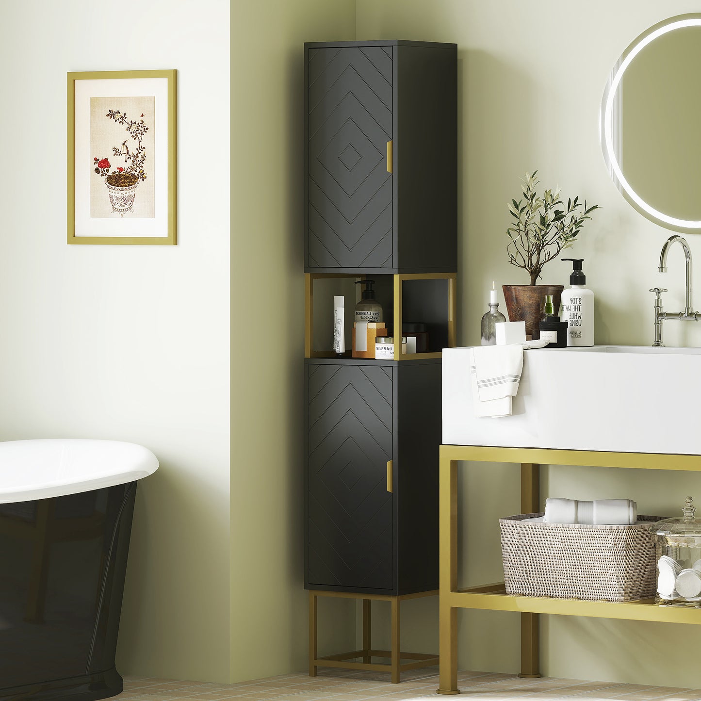 kleankin Tall Bathroom Storage Cabinet, Modern Narrow Bathroom Cabinet with Diamond Chevron Pattern and Adjustable Shelf, White