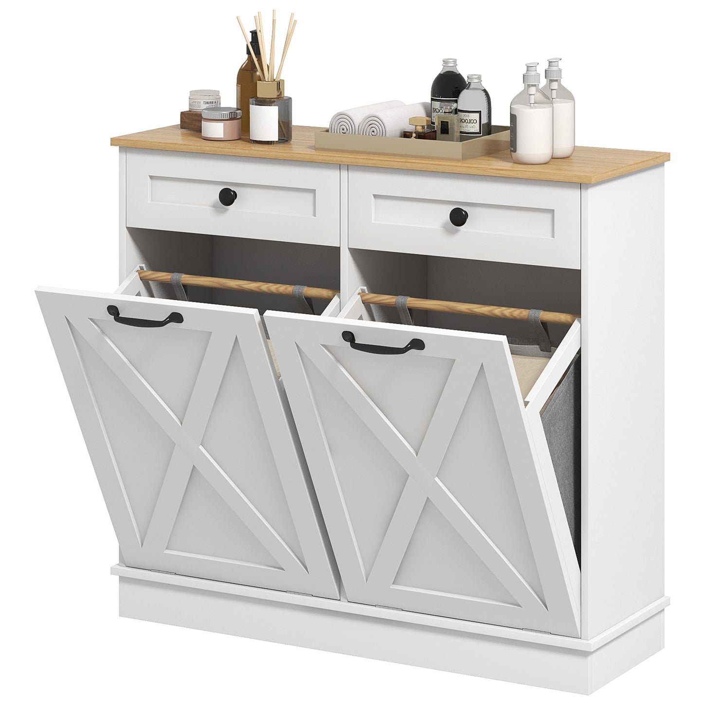 HOMCOM Tilt Out Laundry Cabinet, Bathroom Storage Cabinet with 2 Removable Baskets and 2 Drawers, White