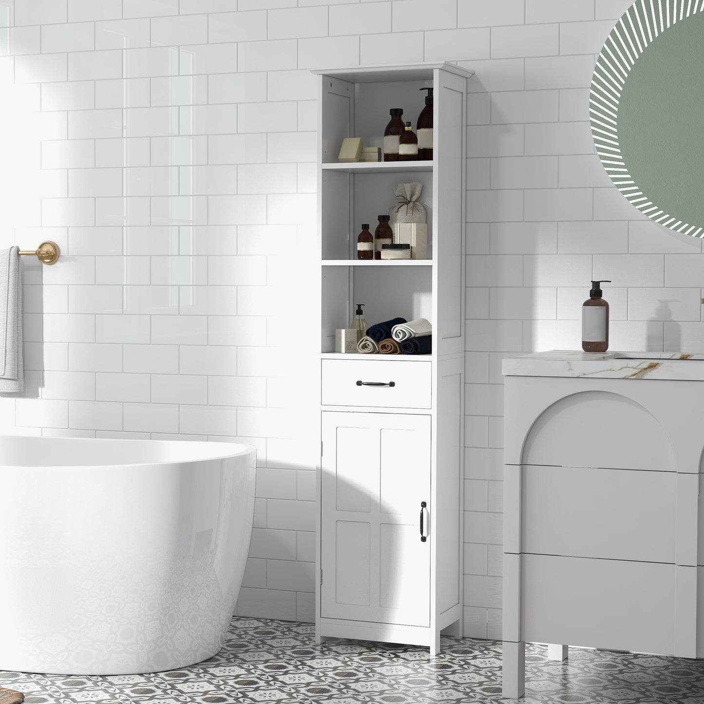 kleankin Modern Bathroom Cabinet, Narrow Bathroom Vanities with 3 Open Shelves, Drawer and Adjustable Shelf, White