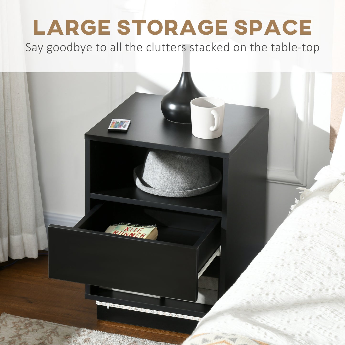HOMCOM LED Nightstand, Bedside Table with LED Lights, Drawer, 2 Shelves, Remote, Side Table for Living Room, Bedroom