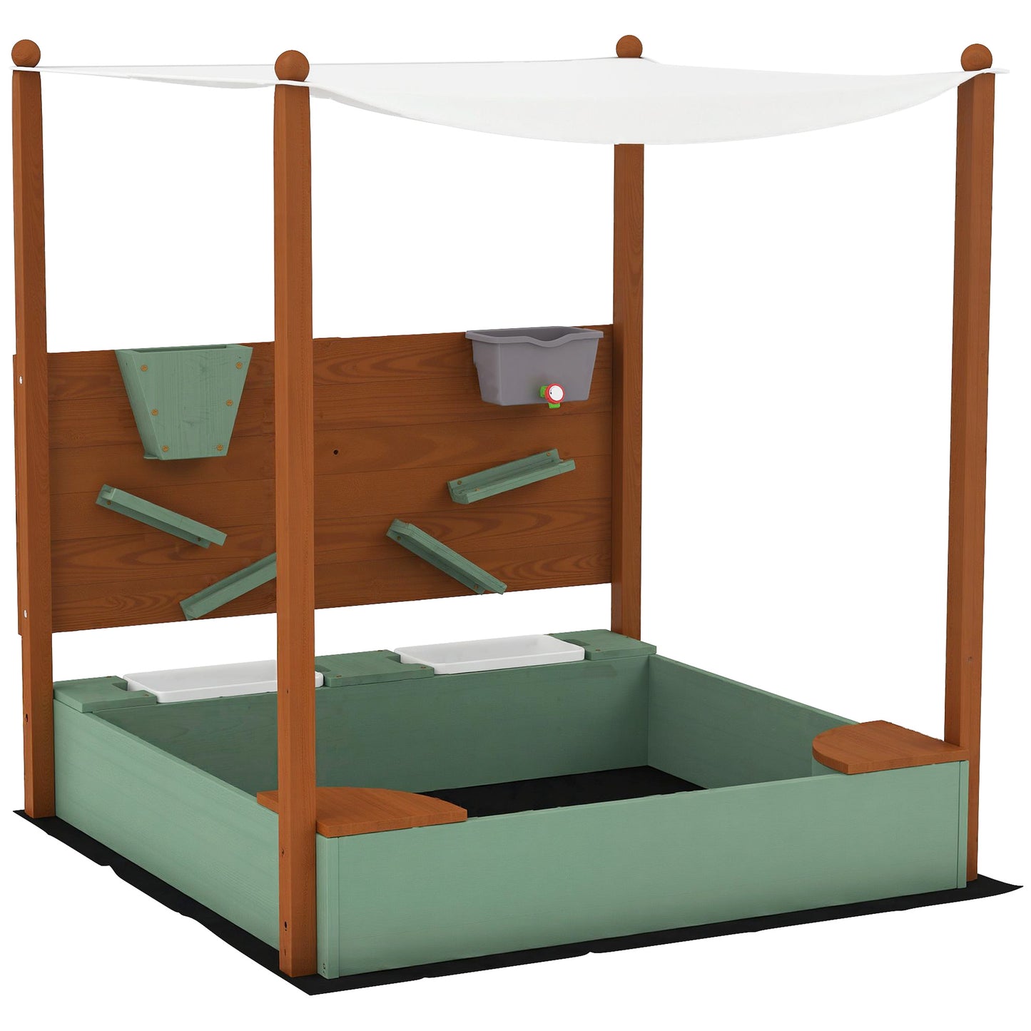 Qaba Kids Sandbox with Full Covered Canopy, Bench Seats, Bottom Liner, for Ages 3-6, 56" x 40" x 52", Brown