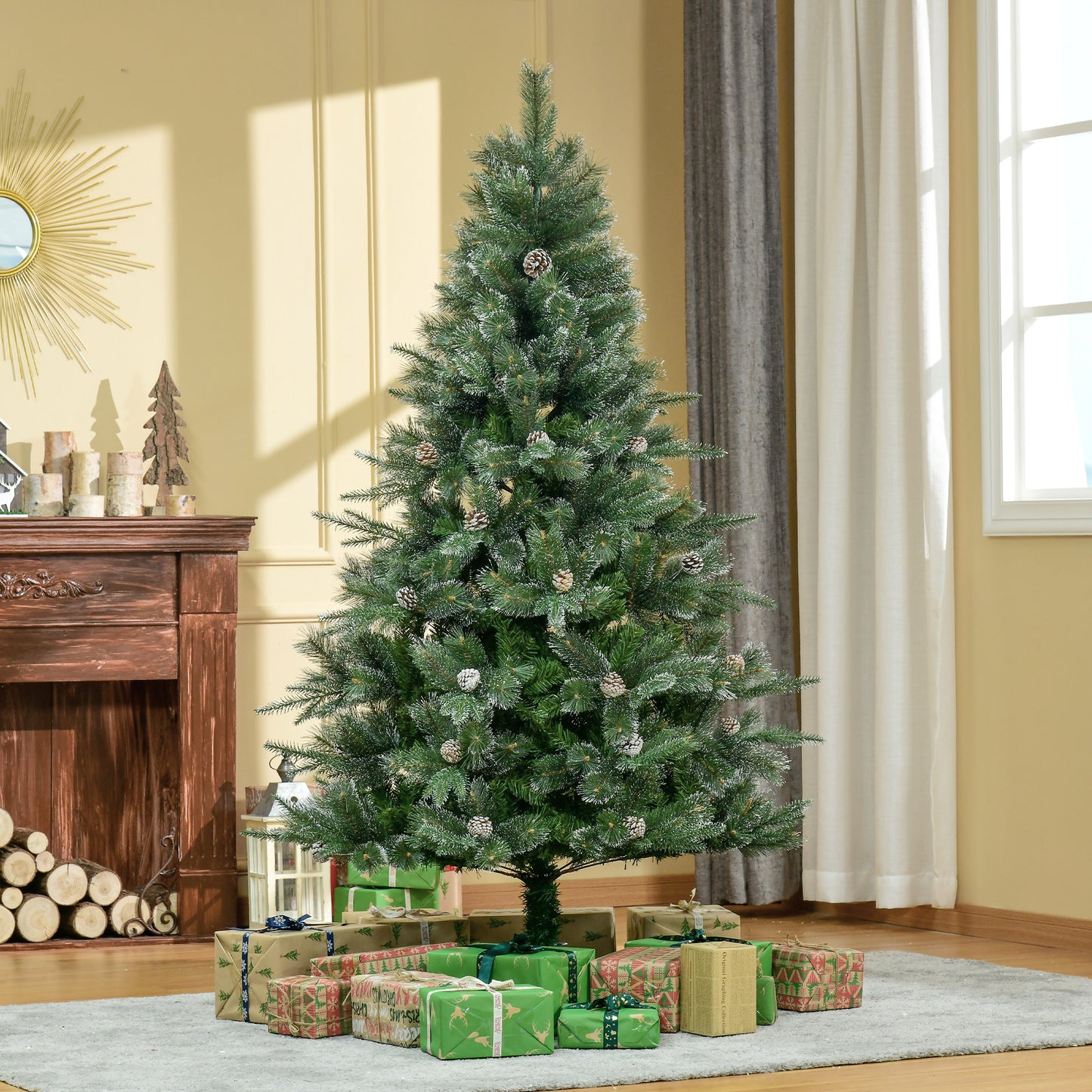 HOMCOM HOMCM 6FT Artificial Christmas Snow Pine Tree Holiday Home Xmas Decoration with Automatic Open, Pinecone, Green