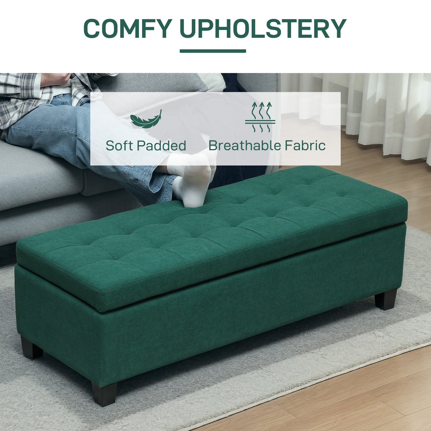 HOMCOM Rectangular Entry Bench, Tufted Upholstered Linen Fabric Wood Feet Storage Ottoman Bench, Dark Green