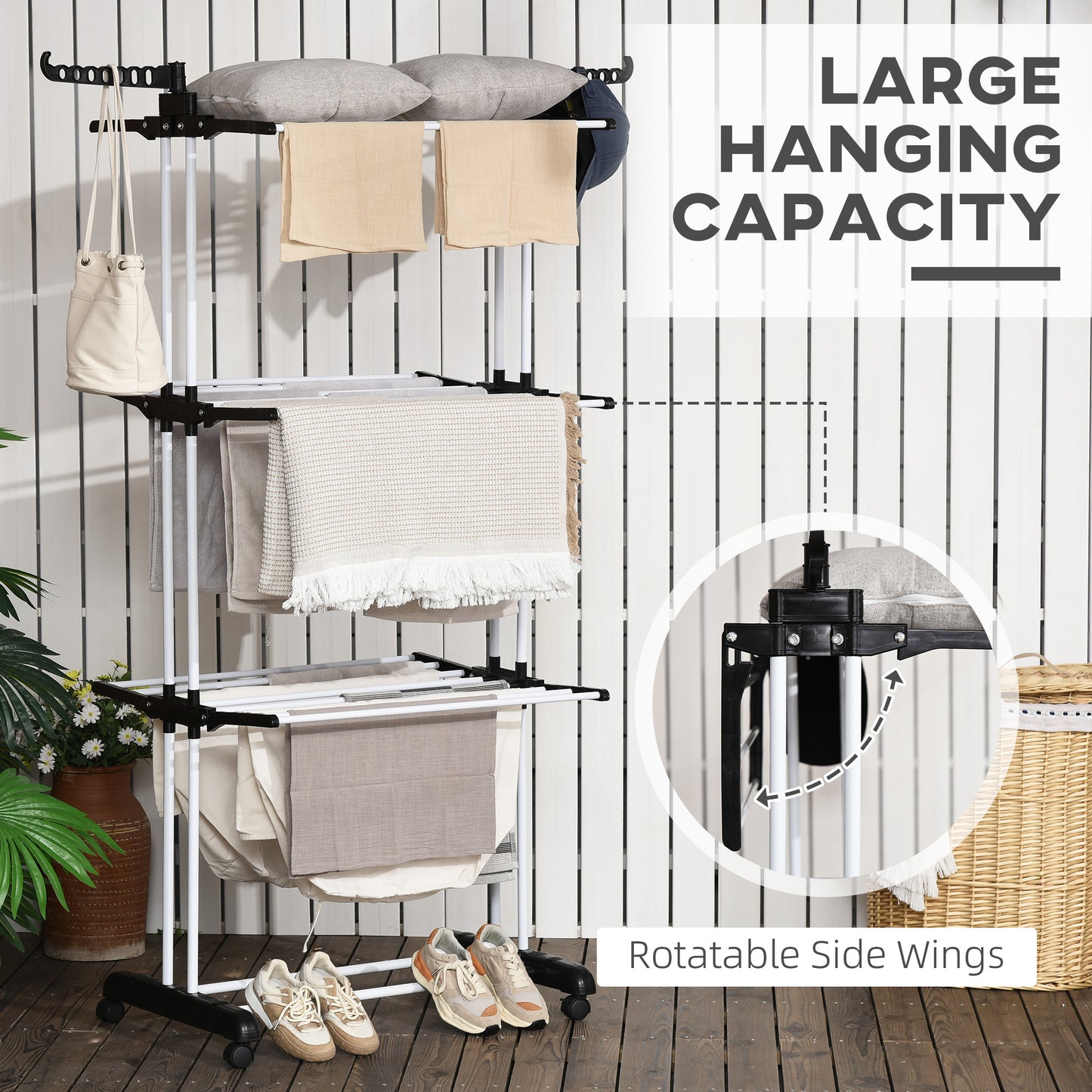 HOMCOM Foldable Clothes Drying Rack, 4-Tier Steel Laundry Rack for Drying Clothes with 2 Side Wings and 4 Castors, Indoor and Outdoor Use, Black