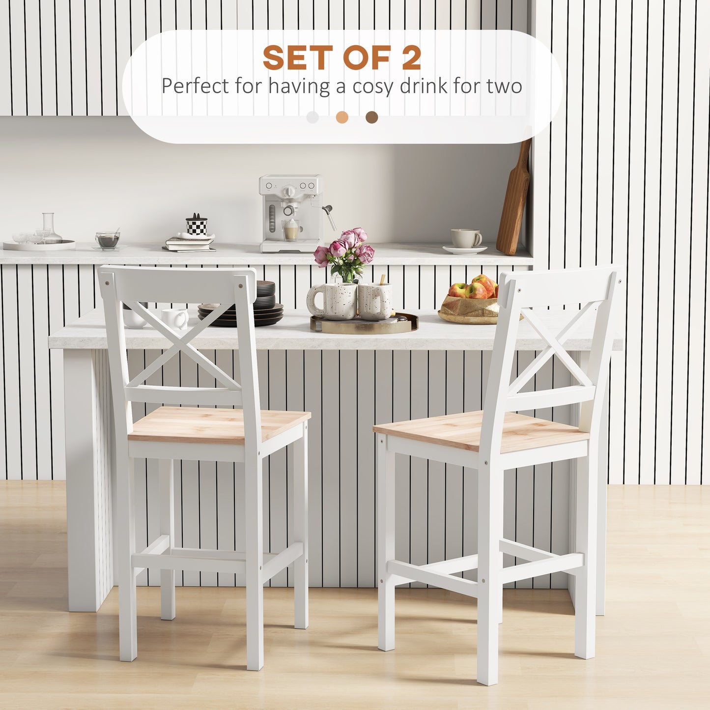 HOMCOM Counter Height Stools Set of 2, Farmhouse Bar Stools with Backs, Solid Wood Counter Stools for Kitchen Island