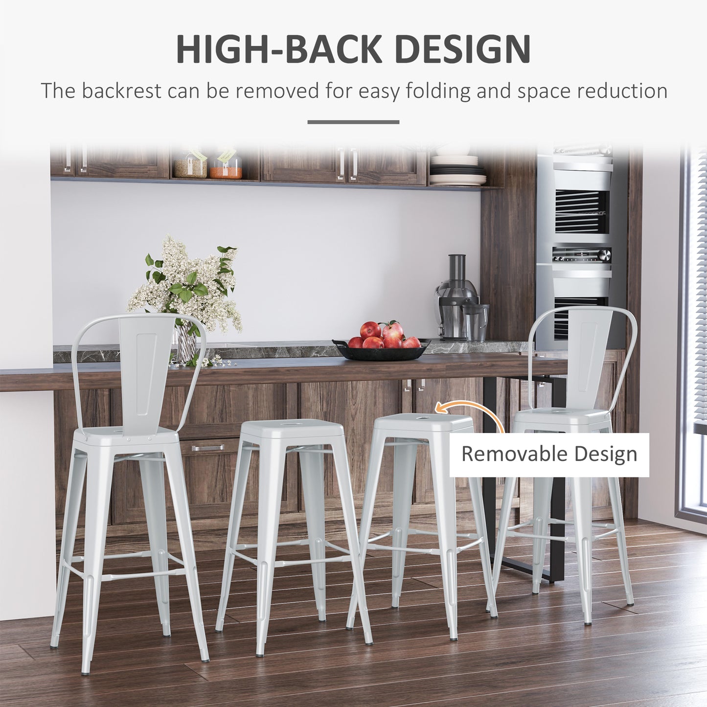 HOMCOM Set of 4 Bar Stools Kitchen Industrial Breakfast Bistro Cafe Metal Frame Black