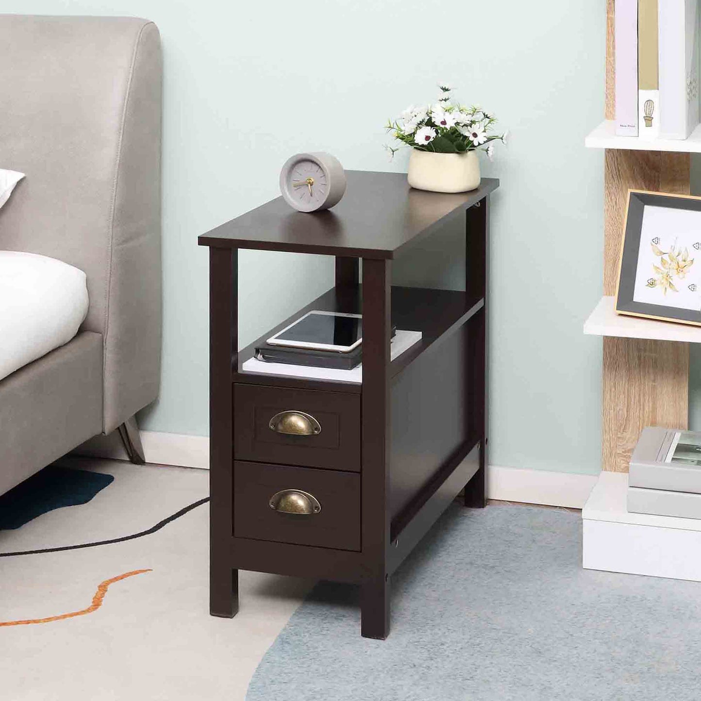 HOMCOM Slim End Table with 2 Drawers and Storage Shelf, Sofa Side Table for Living Room, Narrow Nightstand, White