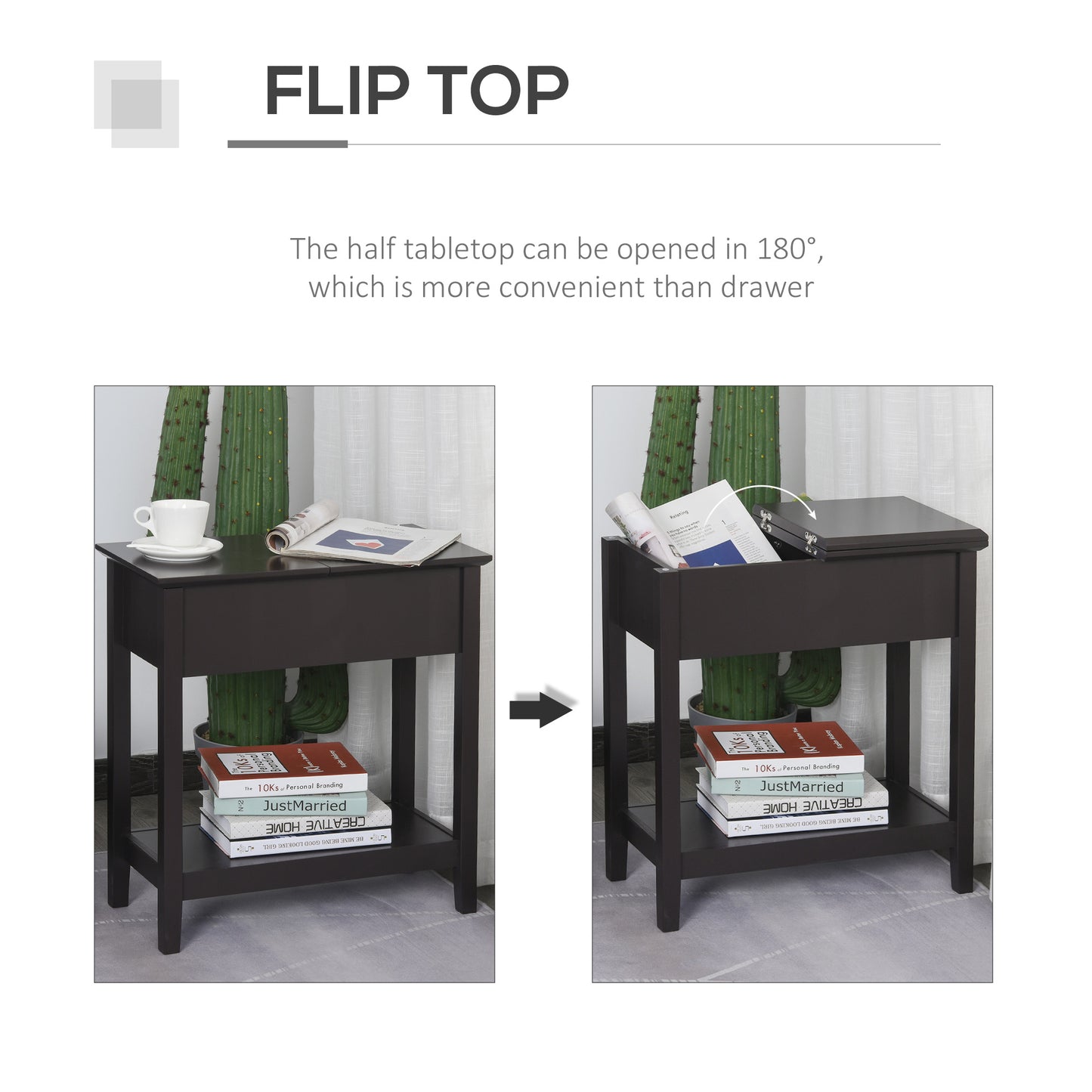 HOMCOM End Side Table in Flip Top Design with Cabinet and Bottom Shelf, Storage Furniture Decoration for Bedroom Living Room Office, Dark Coffee