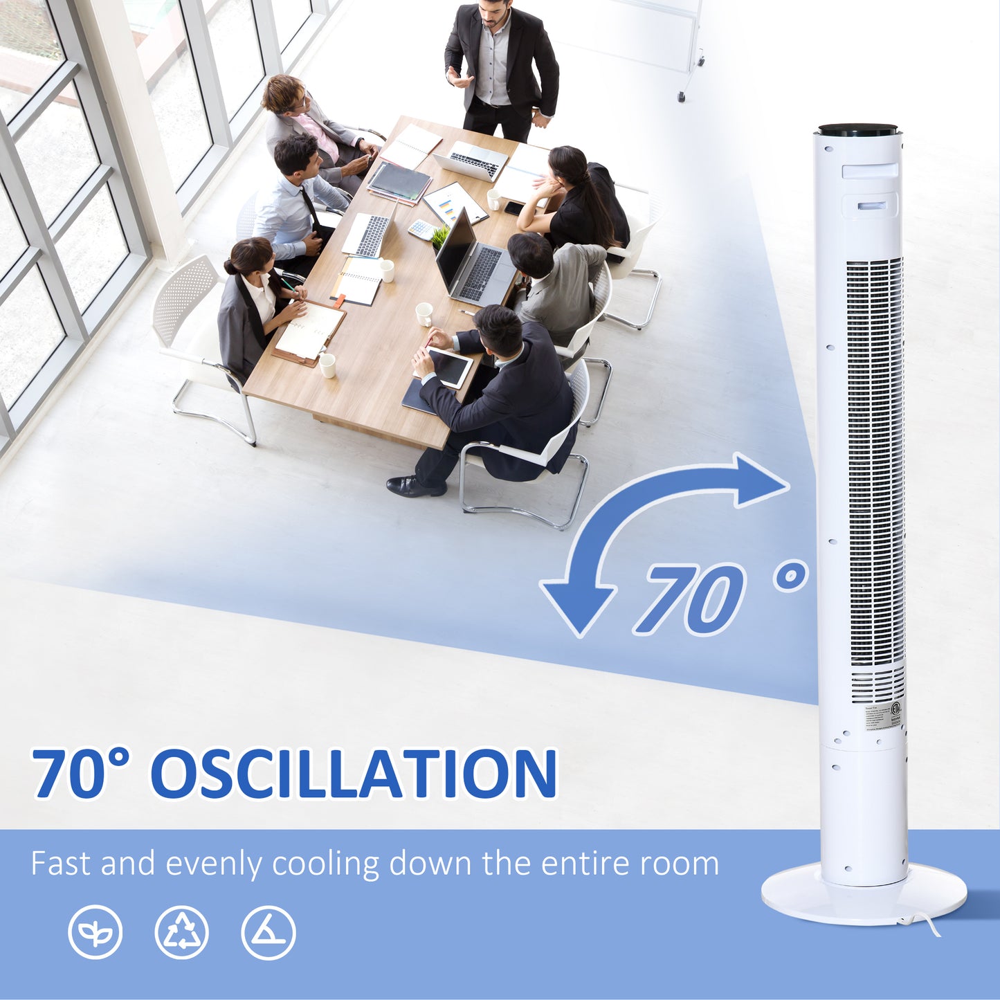 HOMCOM Freestanding Tower Fan Cooling for Home Bedroom with Oscillating, 3 Speed, 12h Timer, LED Sensor Panel, Remote Controller, White