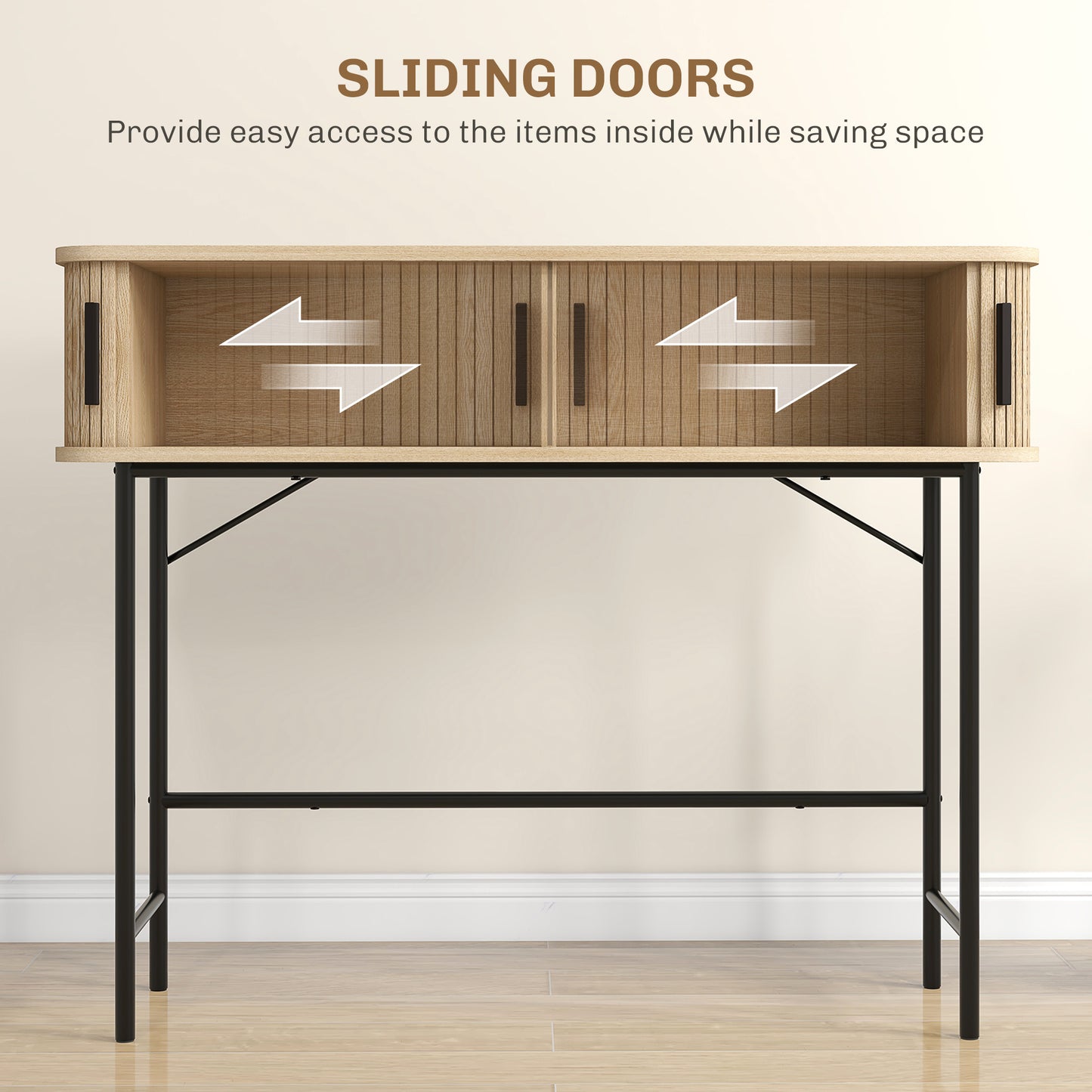 HOMCOM Mid-Century Narrow Console Table with Slatted Tambour Sliding Doors, Entryway Table with Steel Legs, Oak and Black
