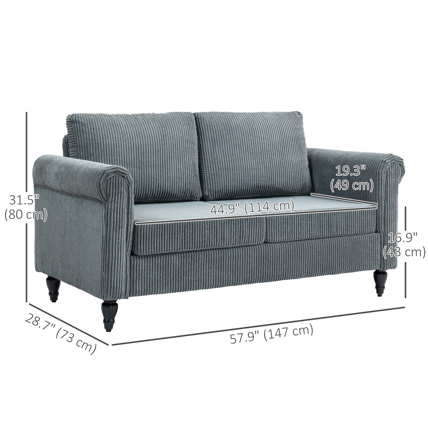 HOMCOM Vintage Loveseat, Upholstered Love Seat Furniture, Chenille-feel Fabric 2 Seater Sofa Couch with Rolled Arms, Gourd-Shaped Rubber Wood Legs for Living Room, Dark Grey