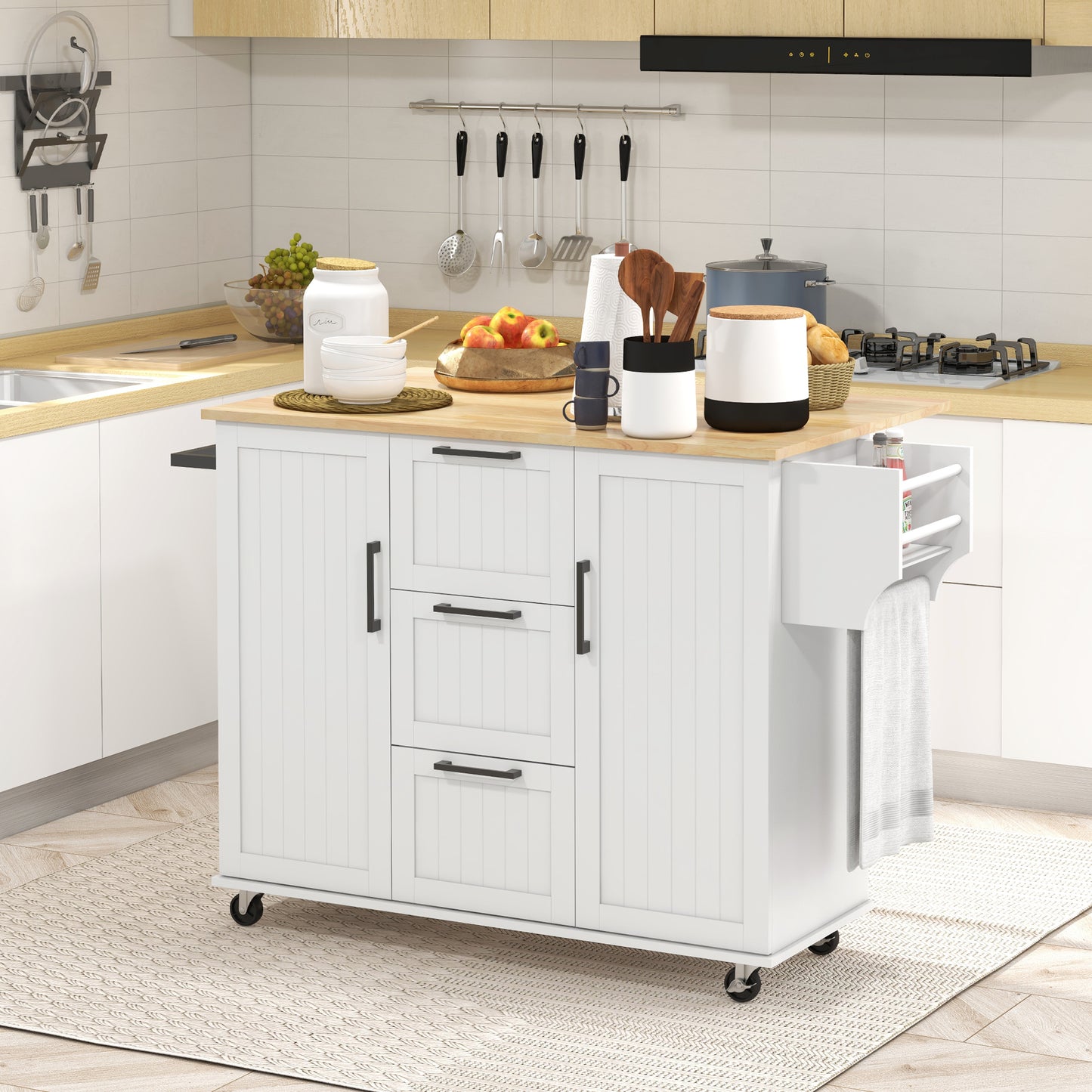 HOMCOM Rolling Kitchen Cart on Wheels with Drop Leaf, Kitchen Island with 3 Drawers, Solid Wood Top and Towel Rack, White
