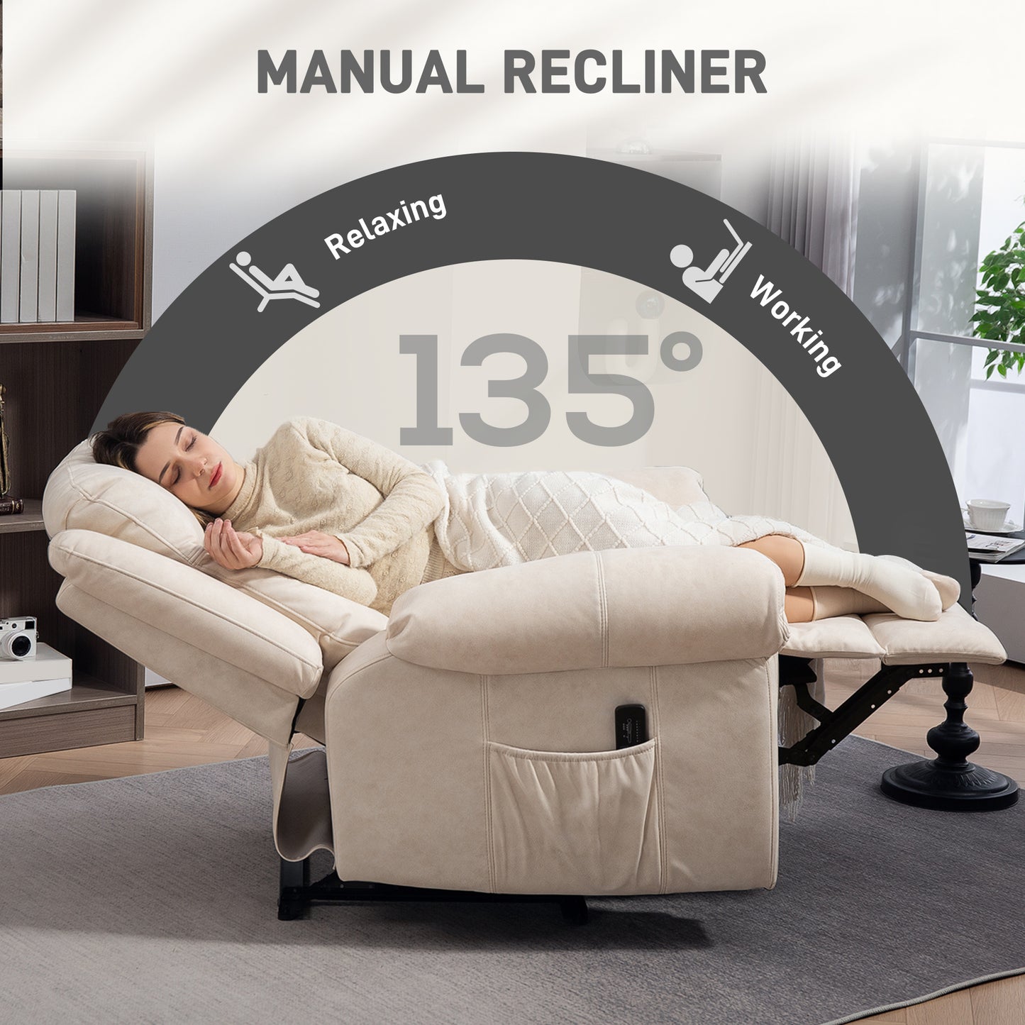 HOMCOM Manual Recliner Chair with Vibration Massage, Side Pockets, Microfibre Reclining Chair for Living Room, Cream White