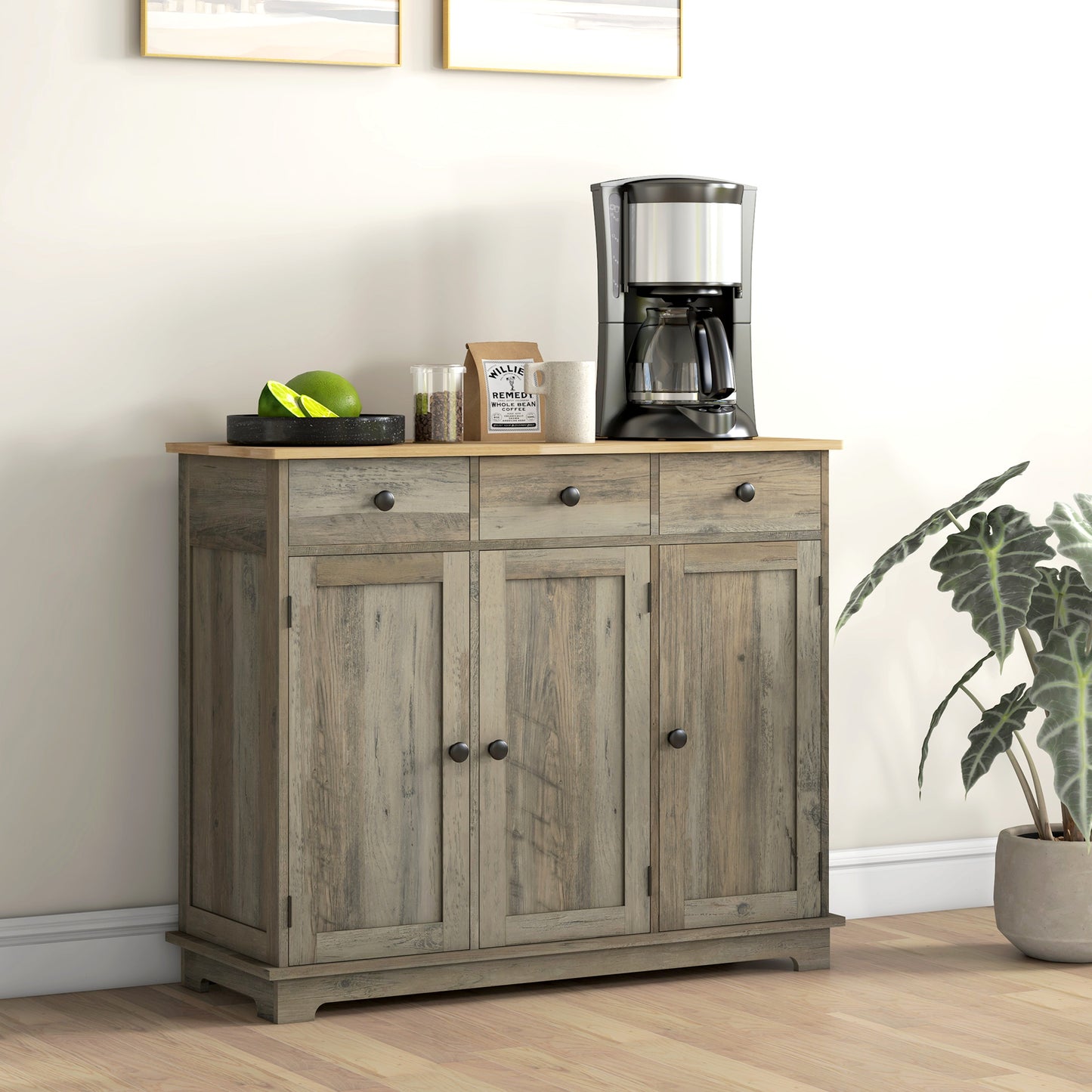 HOMCOM Modern Sideboard, Buffet Cabinet with Storage Cabinets, Drawers and Adjustable Shelves for Living Room, Washed Grey