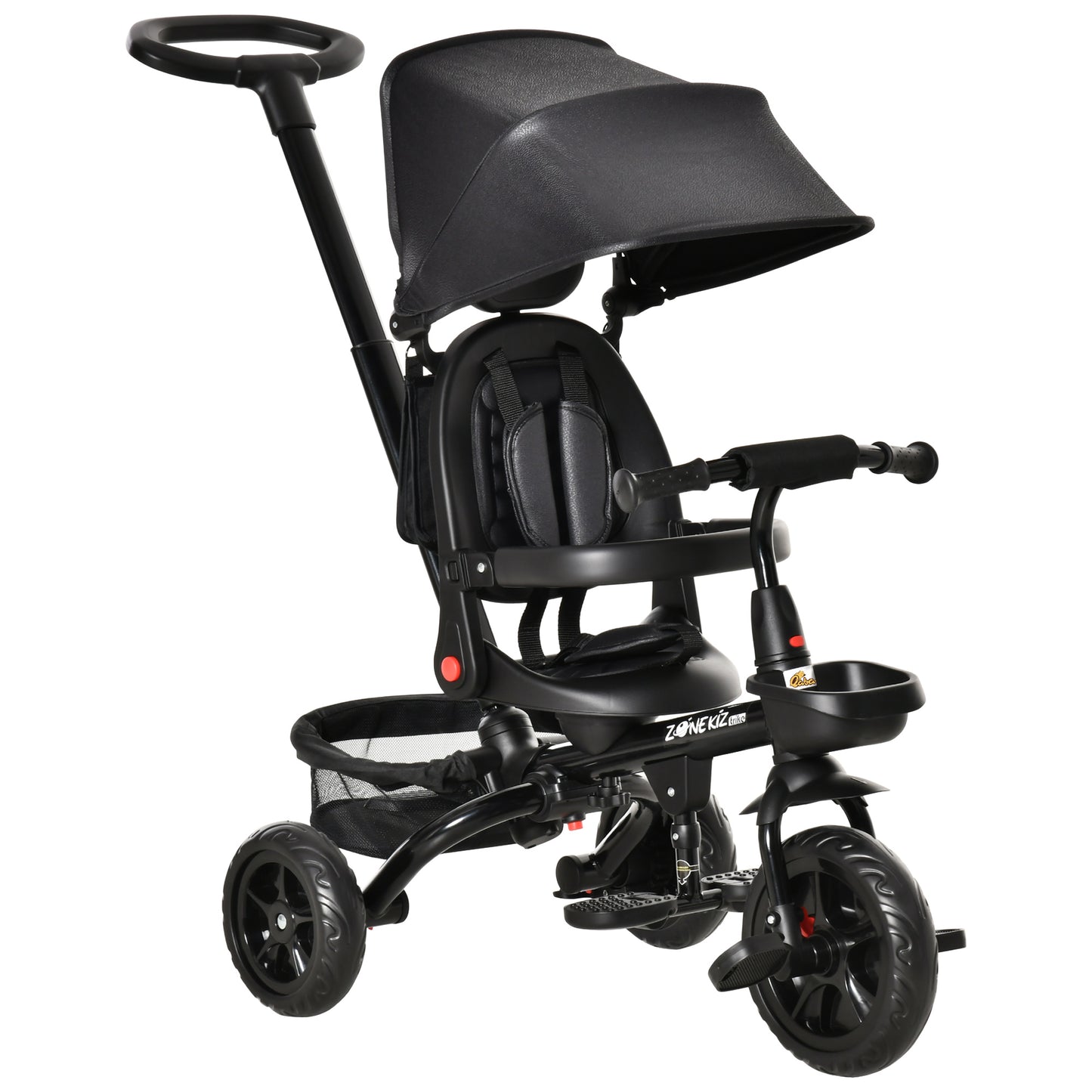 Qaba Tricycle for Toddler 4 in 1 Kids Trike with Reversible Adjustable Seat, Baby Push Bike with Removable Handle, Canopy, Belt Storage Brake Clutch for 1-5 Years, Red