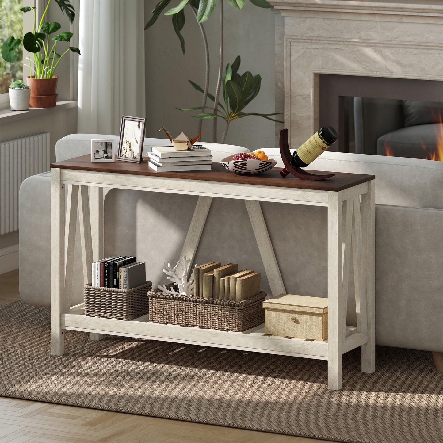 HOMCOM 52" Console Table, Farmhouse Narrow Entryway Table with Storage Shelf, Rustic Sofa Table with Anti-tipper for Living Room and Hallway, Brown