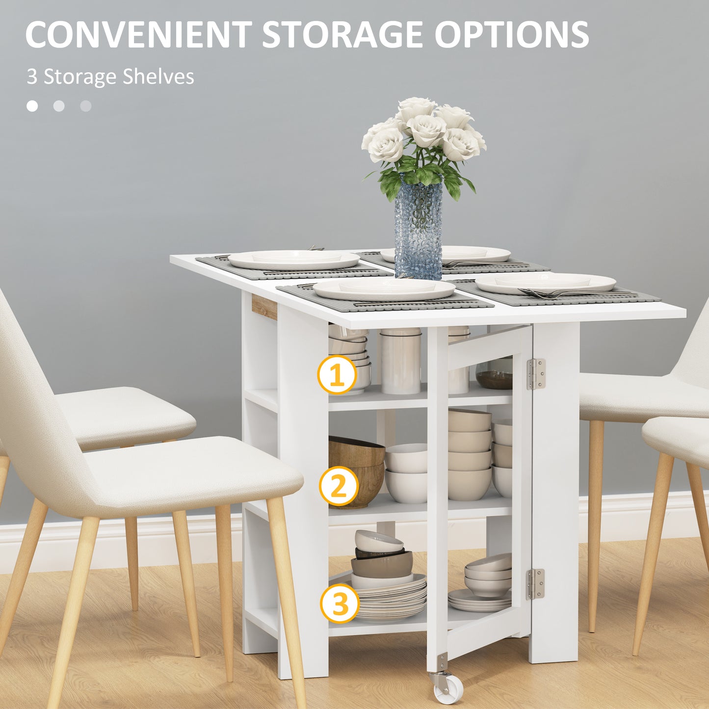 HOMCOM Folding Dining Table with Storage, Drop Leaf Kitchen Table for Small Spaces, White