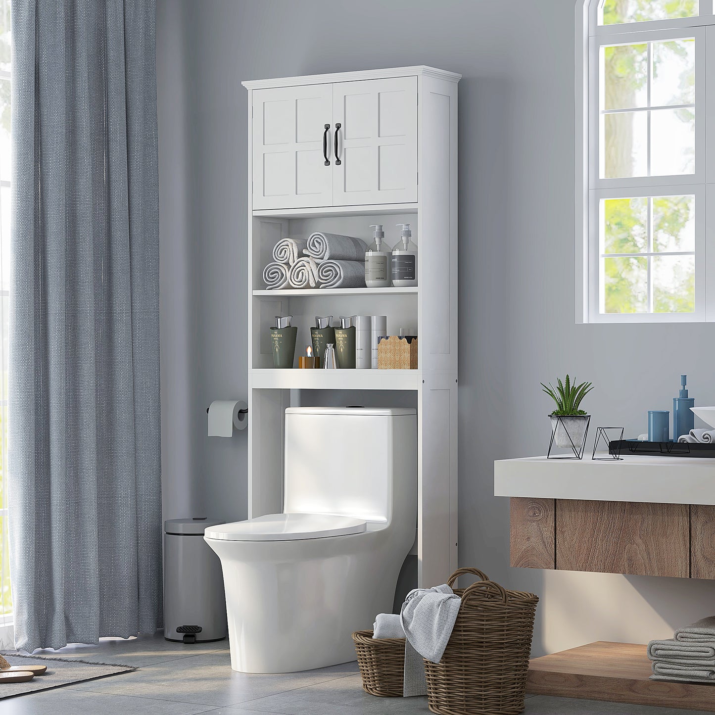 kleankin Modern Over The Toilet Storage, Bathroom Cabinets Over Toilet with Open Shelves and Double Door Cabinet, White
