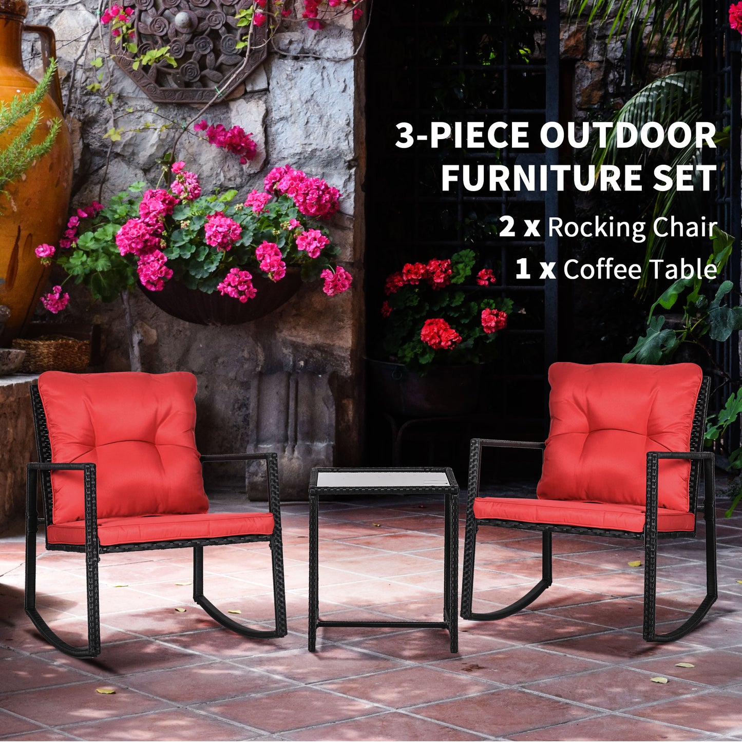 Outsunny 3 Pieces Rocking Bistro Set, Outdoor Wicker Patio Furniture with Glass Coffee Table and Outside Rocking Chairs for Porch, Conversation Sets with Thick Cushions, Blue