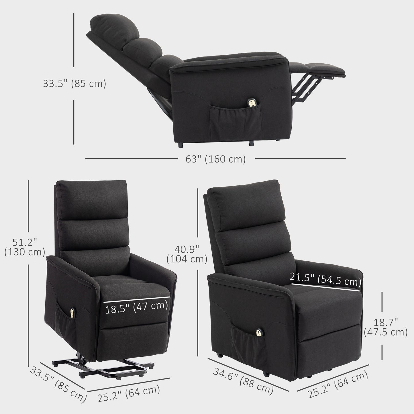 HOMCOM Lift Chair for Elderly, Power Chair Recliner with Remote Control, Side Pockets for Living Room, Dark Grey