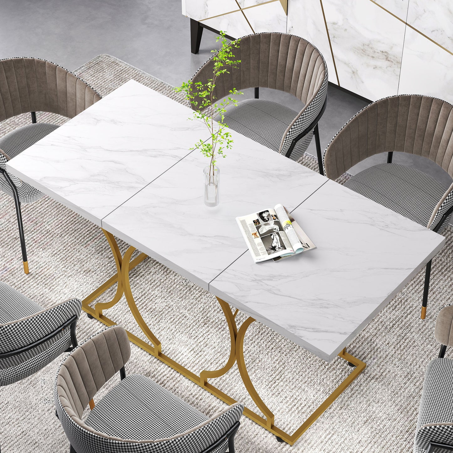 HOMCOM 59-Inch Dining Table for 6, Modern Marble-Pattern Kitchen Dinner Table with Metal Pedestal for Home, Dining Room, White
