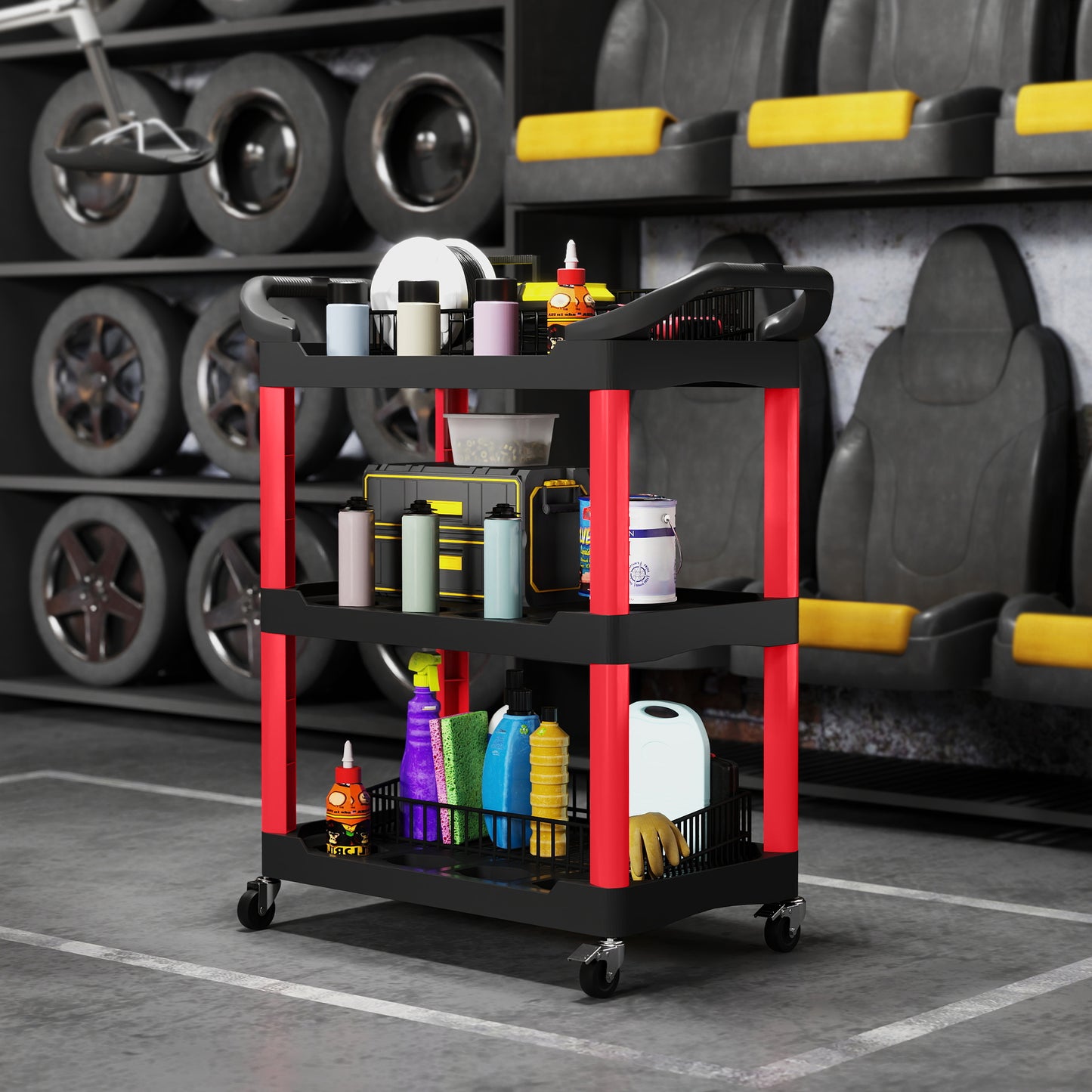 HOMCOM 3-Tier Collapsible Tool Cart with Wheels, 150 LBS Capacity Folding Utility Cart with Handles for Garage Workshop, Black