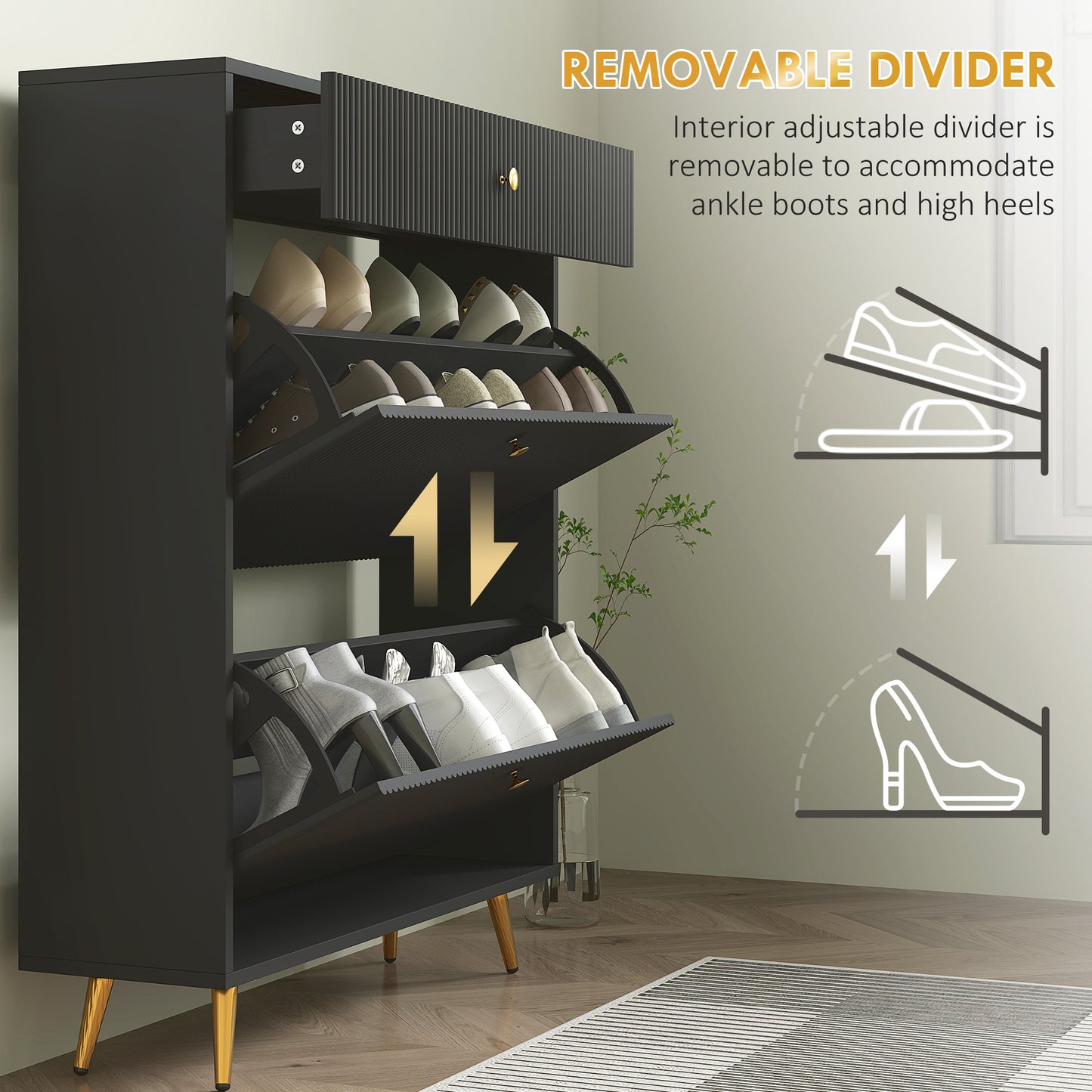 HOMCOM Narrow Shoe Storage Cabinet with Wave-like Panels and Adjustable Shelves for 12 Pairs of Shoes, Black