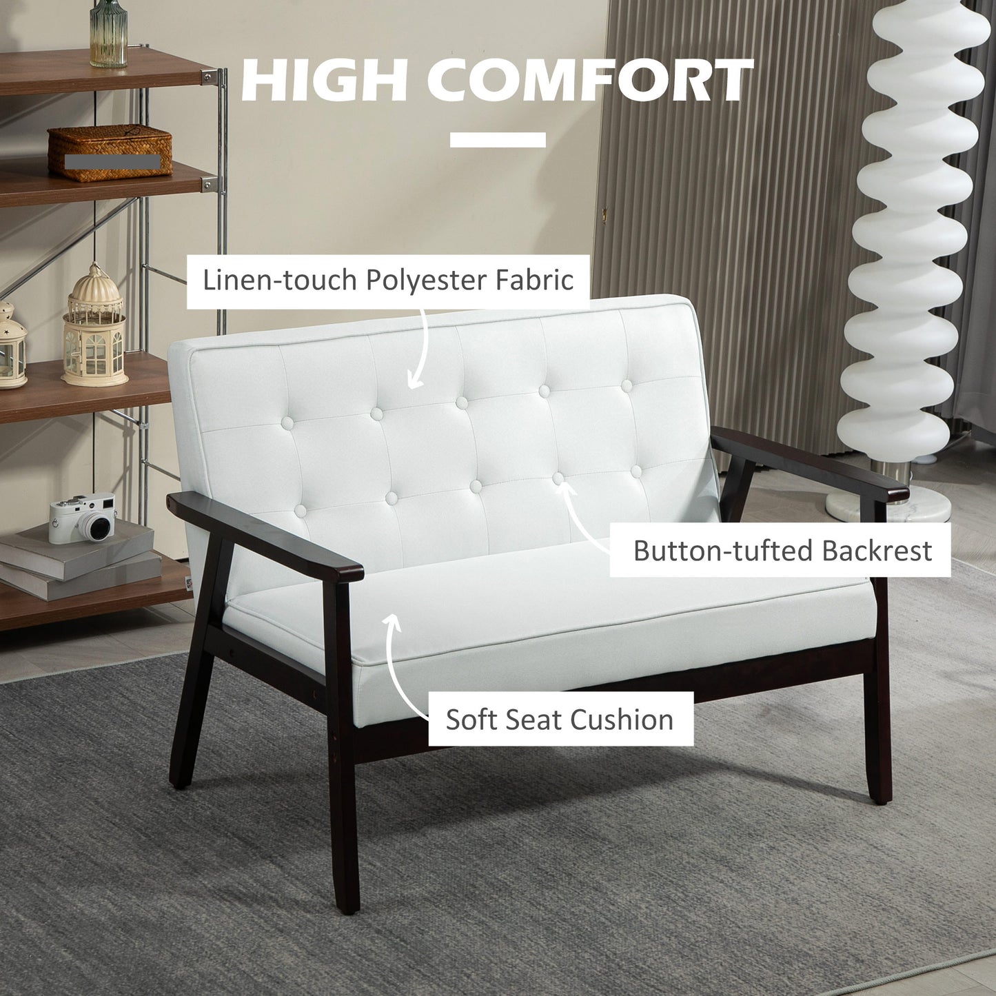 HOMCOM 44.5" 2 Seat Sofa for Bedroom, Modern Upholstered Loveseat with Button Tufted Back and Wood Legs, Grey