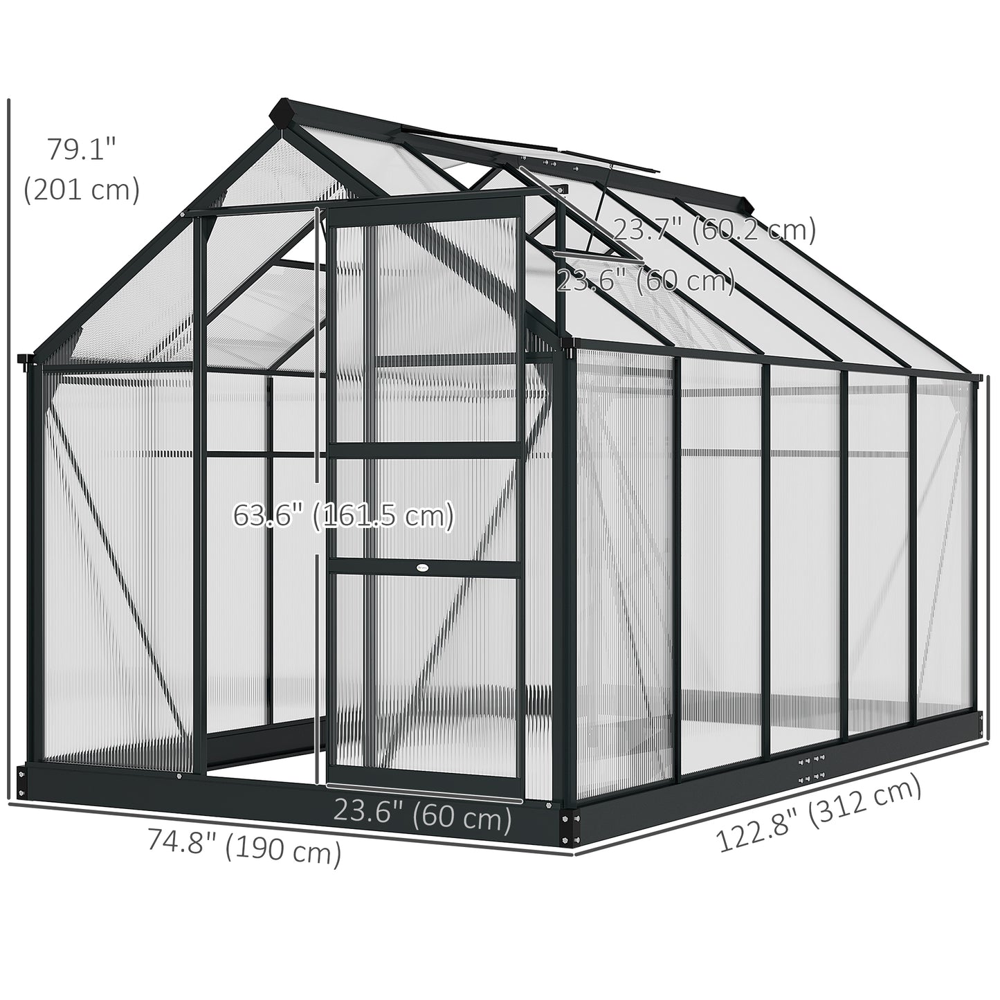 Outsunny 6' x 10' x 6.6' Polycarbonate Greenhouse, Walk-In Green House Kit Garden, Plants Grow, Galvanized Sheet Aluminum Frame with Rain Gutter, Vents and Sliding Door, Green