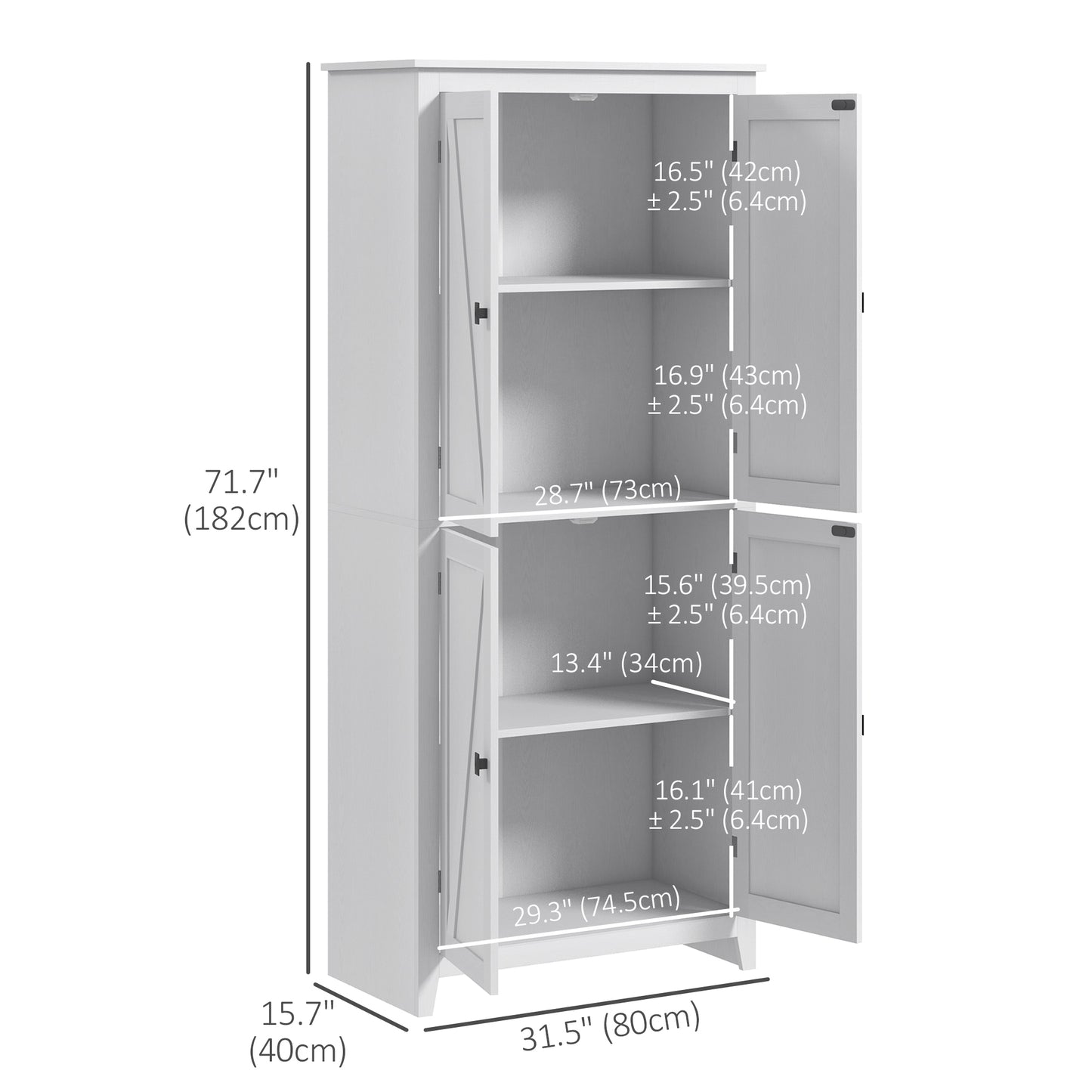 HOMCOM 72" Freestanding Storage Cabinet, Kitchen Pantry Cabinet with Doors and Shelves for Dining Room, White