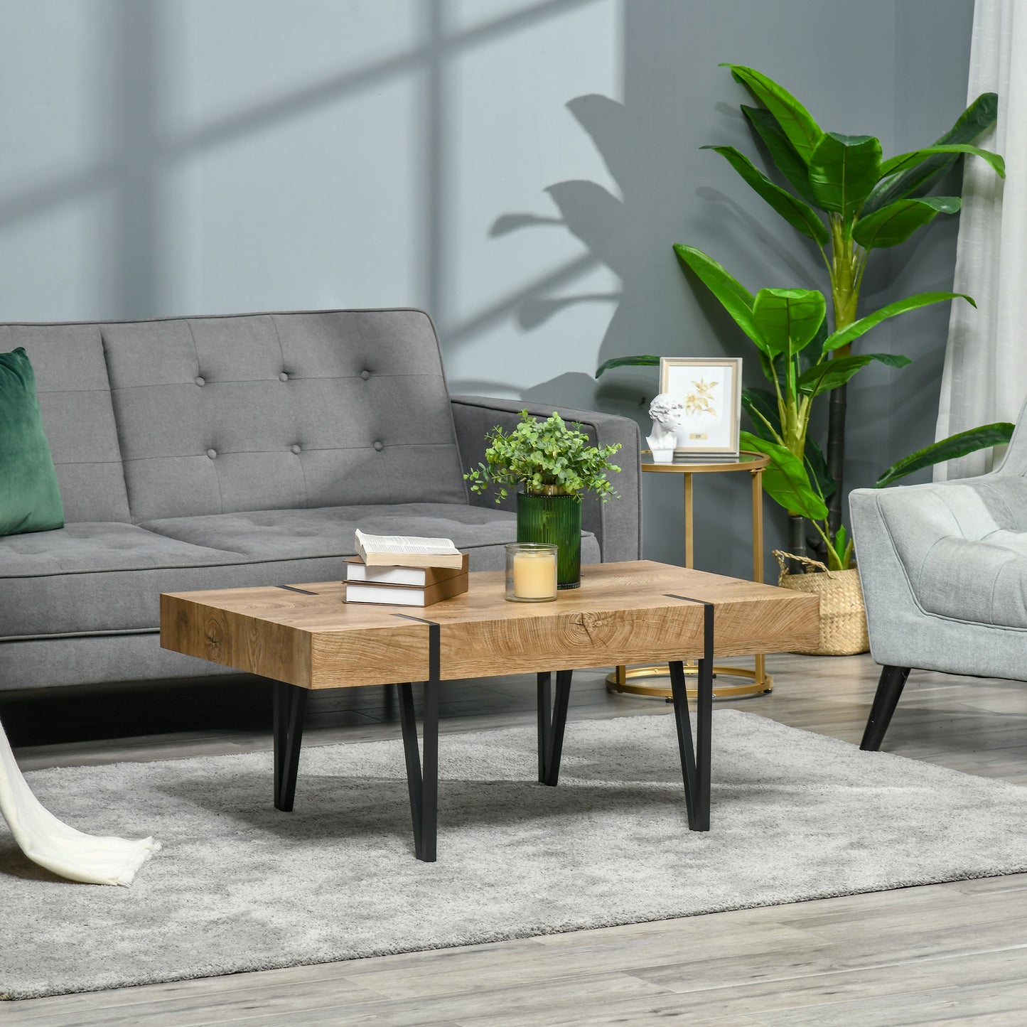 HOMCOM Rustic Coffee Table, Rectangle Nature Central Table with Steel Hairpin Legs for Living Room