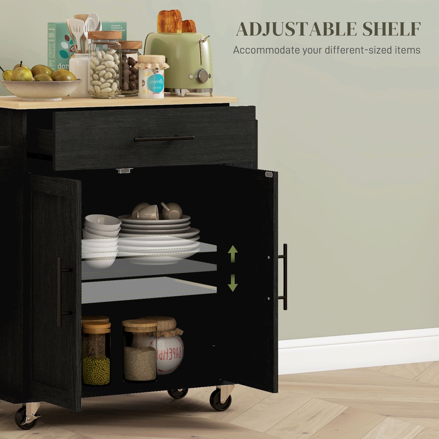 HOMCOM Rolling Island with Wheels for Kitchen, Kitchen Island on Rollers with Power Outlets, Drawer and Doors