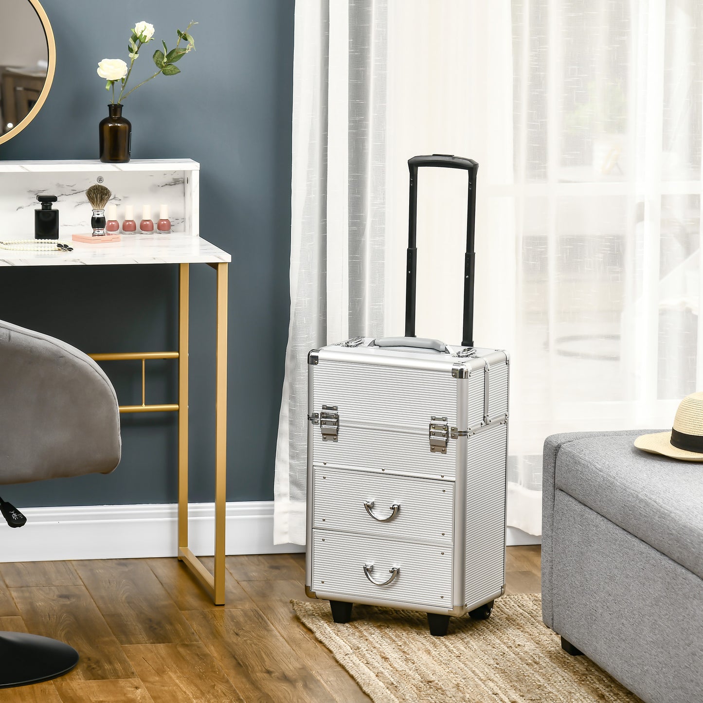 HOMCOM Rolling Makeup Train Case, Large Storage Cosmetic Trolley, Lockable Traveling Cart Trunk with Folding Trays, Swivel Wheels