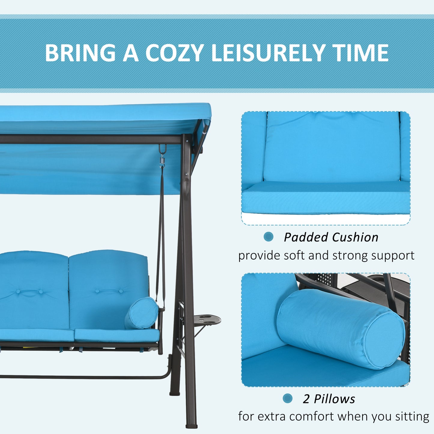 Outsunny Outdoor Patio 3-Person Steel Canopy Cushioned Seat Bench Swing with Included Side Trays & Padded Comfort, Light Blue