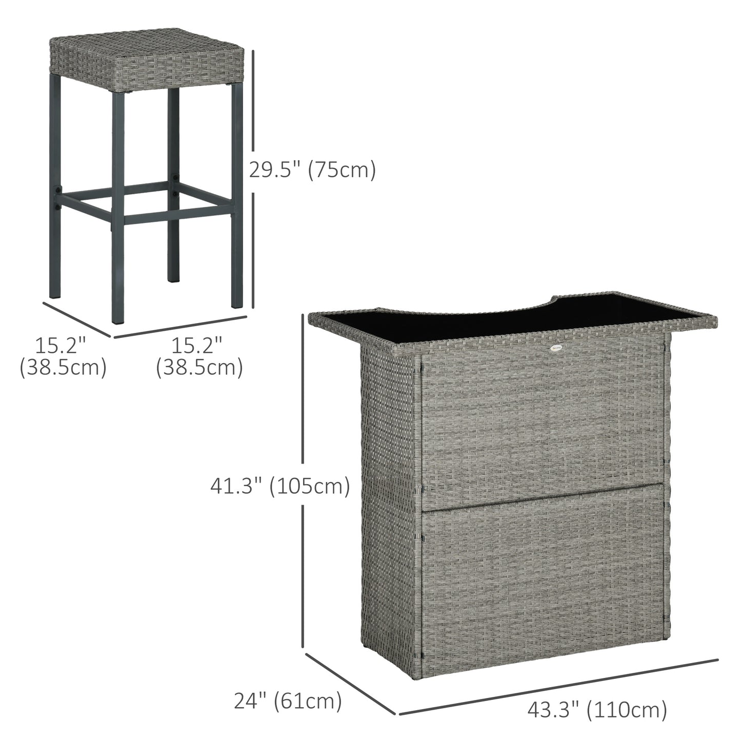 Outsunny 5 Pieces Patio Bar Set, Outdoor PE Rattan Wicker High Top Outdoor Table and Chairs Outdoor Bar Set with Tempered Glass Top Bar Table and Shelves, 4 Bar Chairs, Dark Brown