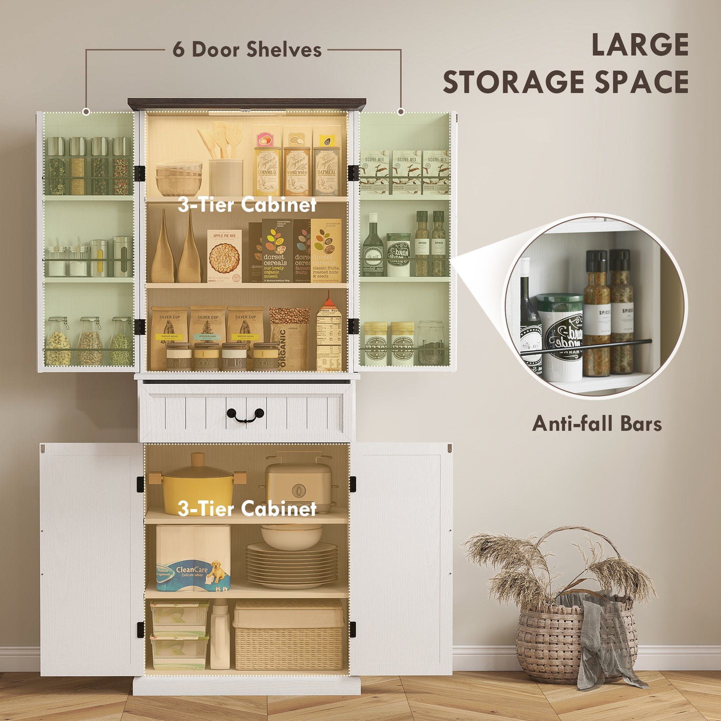 HOMCOM 71" LED Kitchen Pantry Cabinet, Farmhouse Storage Cabinet with Door Shelves, Distressed Brown