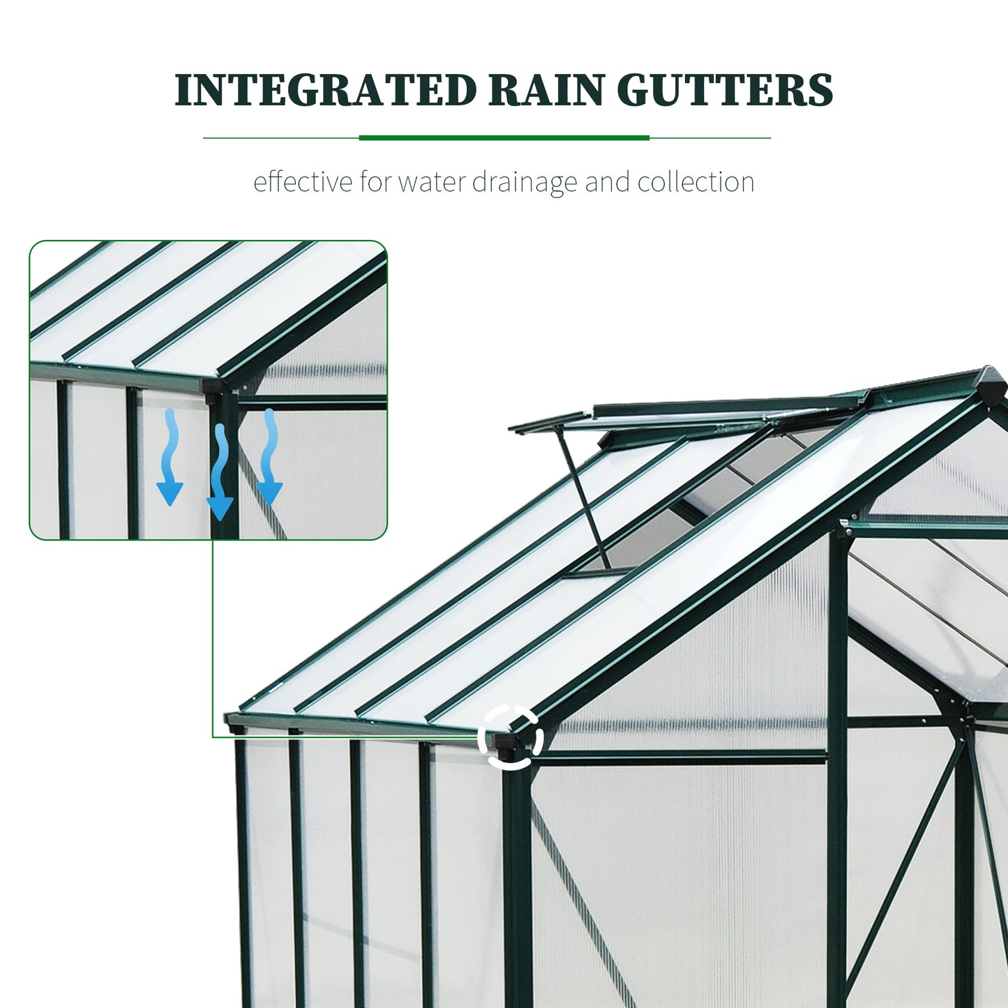 Outsunny 6' x 10' x 6.6' Polycarbonate Greenhouse, Walk-In Green House Kit Garden, Plants Grow, Galvanized Sheet Aluminum Frame with Rain Gutter, Vents and Sliding Door, Green