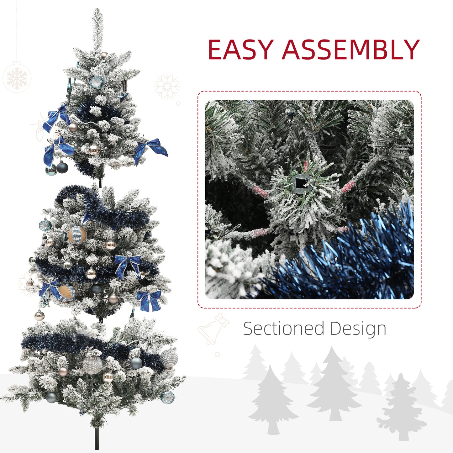 HOMCOM 5ft Prelit Artificial Christmas Tree with Blue Ornaments, Flocked Christmas Tree with LED Lights for Holiday