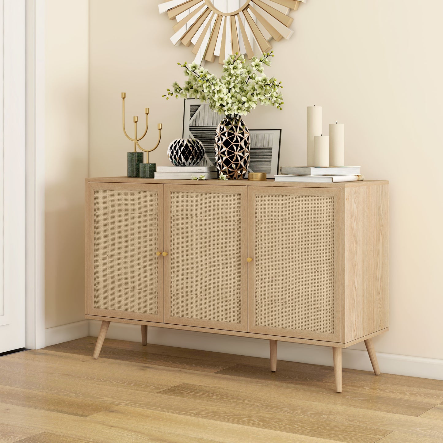 HOMCOM Kitchen Sideboard Cabinet, Boho Storage Cabinet with Shelves, Wood Legs, Decorative Rattan Doors, Natural