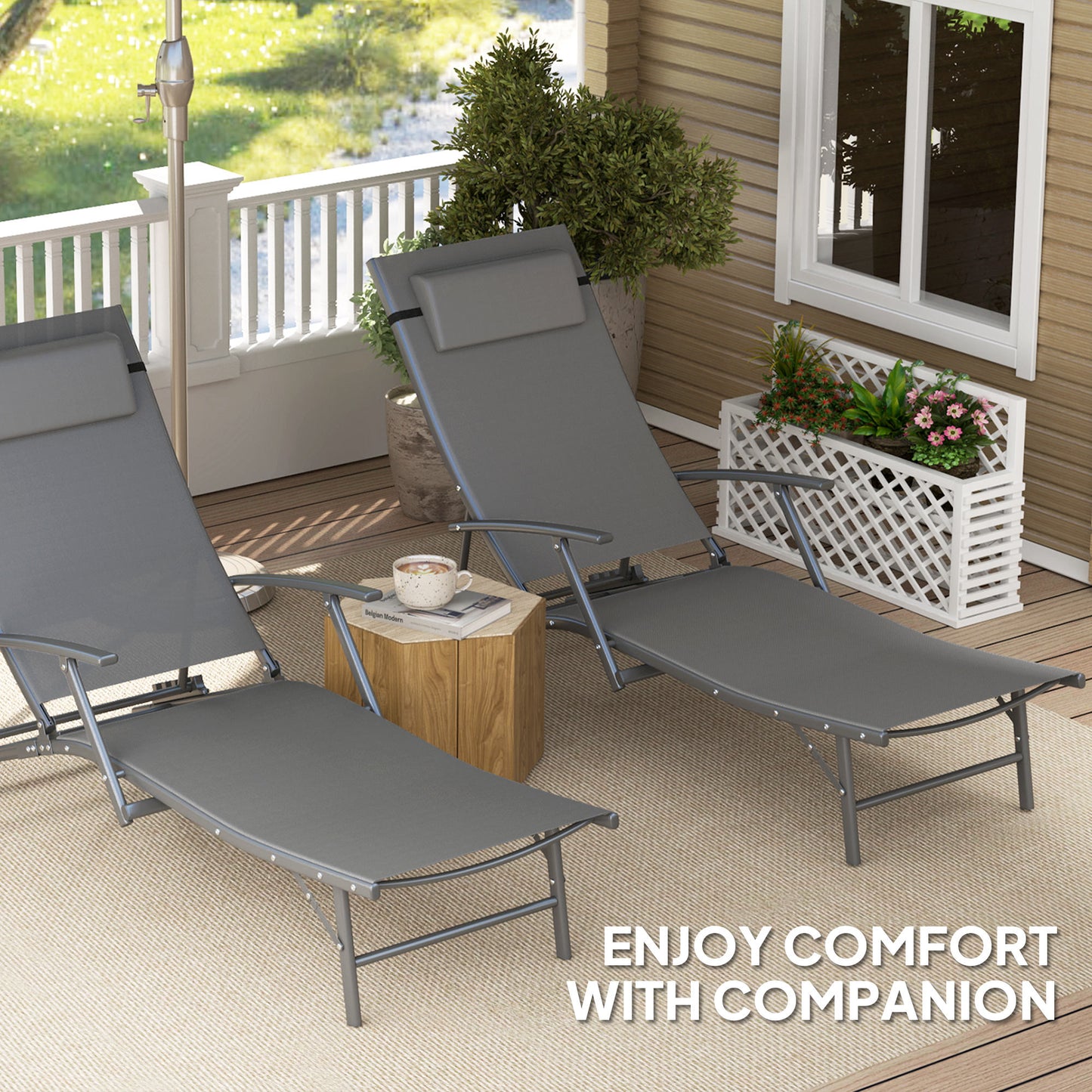 Outsunny Folding Chaise Lounge Chair Set of 2, Reclining Outdoor Lounge Chair Set with Quick Drying Pad Headrest Side Pocket, Tanning Chair Set for Beach Garden Pool, Light Grey