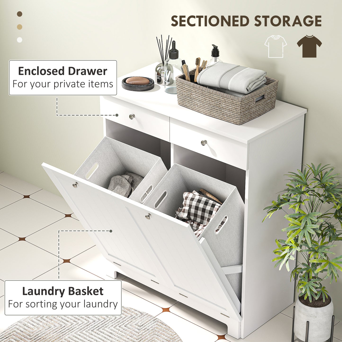 HOMCOM Laundry Cabinet, Tilt Out Laundry Hamper Cabinet with 2 Baskets, Bathroom Hamper Cabinet with 2 Drawers, Black