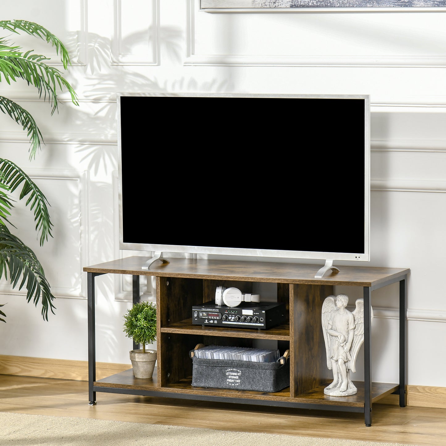HOMCOM TV Stand for TVs Up to 55 Inches, TV Console with Open Storage Shelves, Entertainment Center for Living Room, Rustic Brown