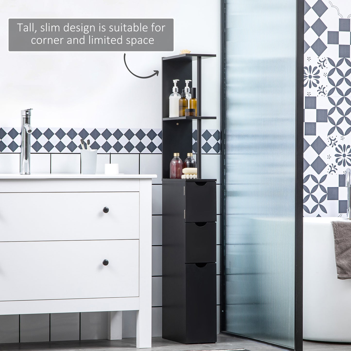HOMCOM Tall Bathroom Storage Cabinet, Narrow Bathroom Cabinet with Drawers and Open Shelves for Small Spaces, White and Grey