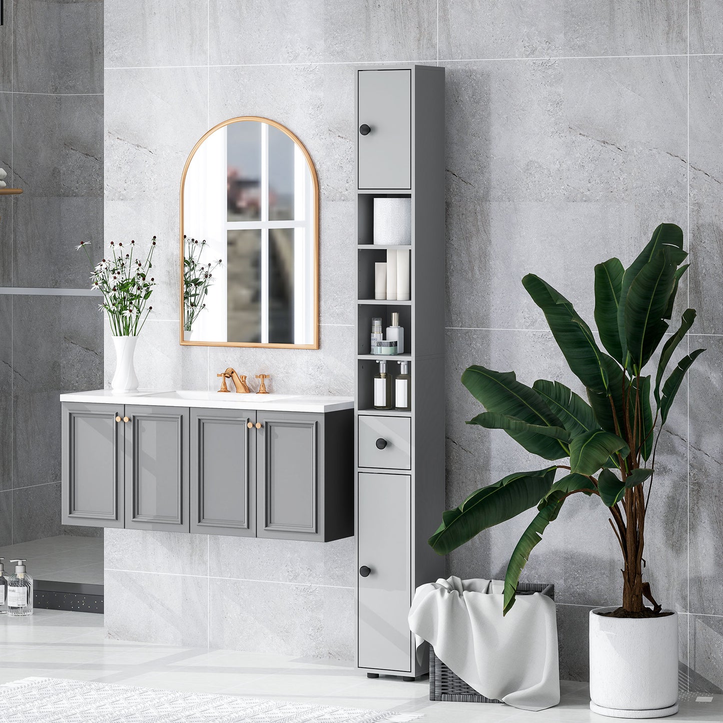 kleankin 71" Tall Bathroom Storage Cabinet, Narrow Bathroom Cabinet with Open Shelves, 2 Door Cabinets, Adjustable Shelves, for Kitchen, Hallway, Living Room, White