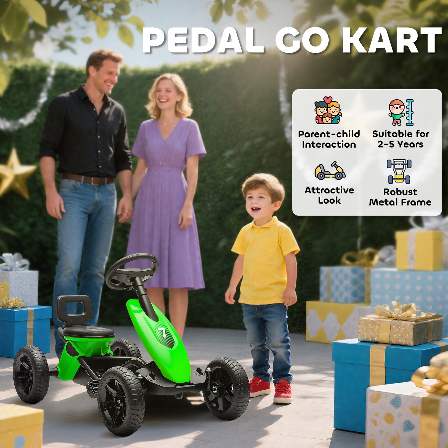 Qaba Pedal Go Kart for Kids 2-5 Years Old with Silent EVA Wheels, Metal Frame, Green