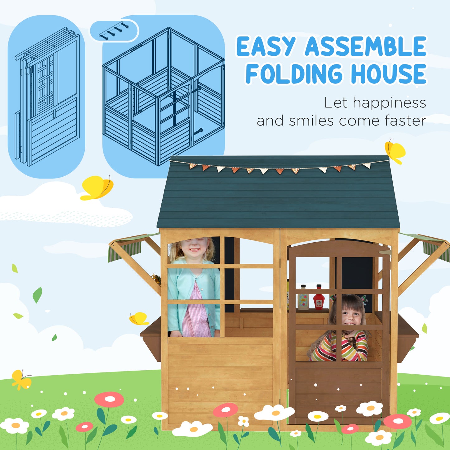 Qaba Wooden Foldable Outdoor Playhouse for Kids Ages 3-8, Snack Bars, Working Door, Rain Covers, Blackboards, Brown