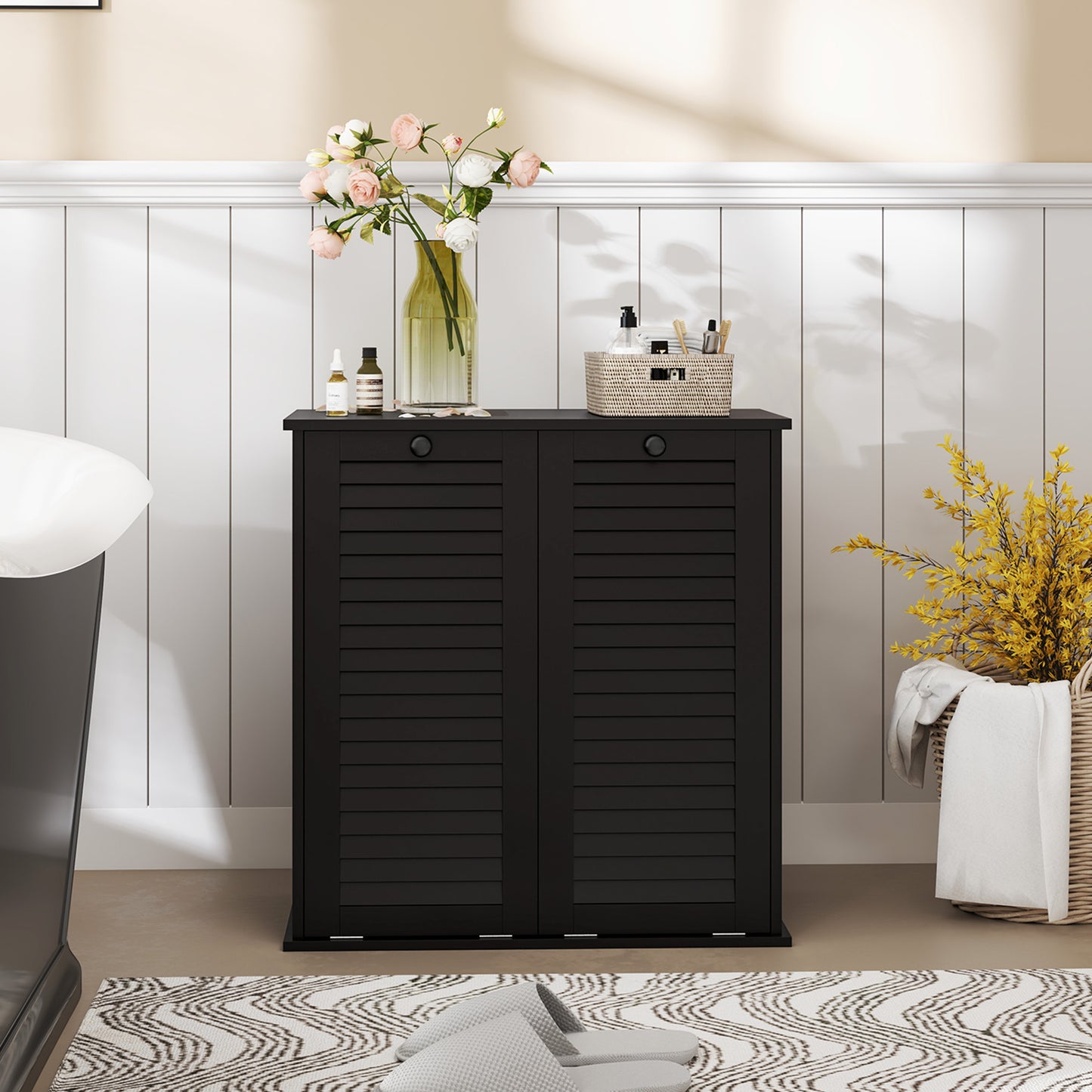 HOMCOM Tilt Out Laundry Cabinet, Laundry Basket Cabinet with 2 Baskets and 2 Louvered Doors, White
