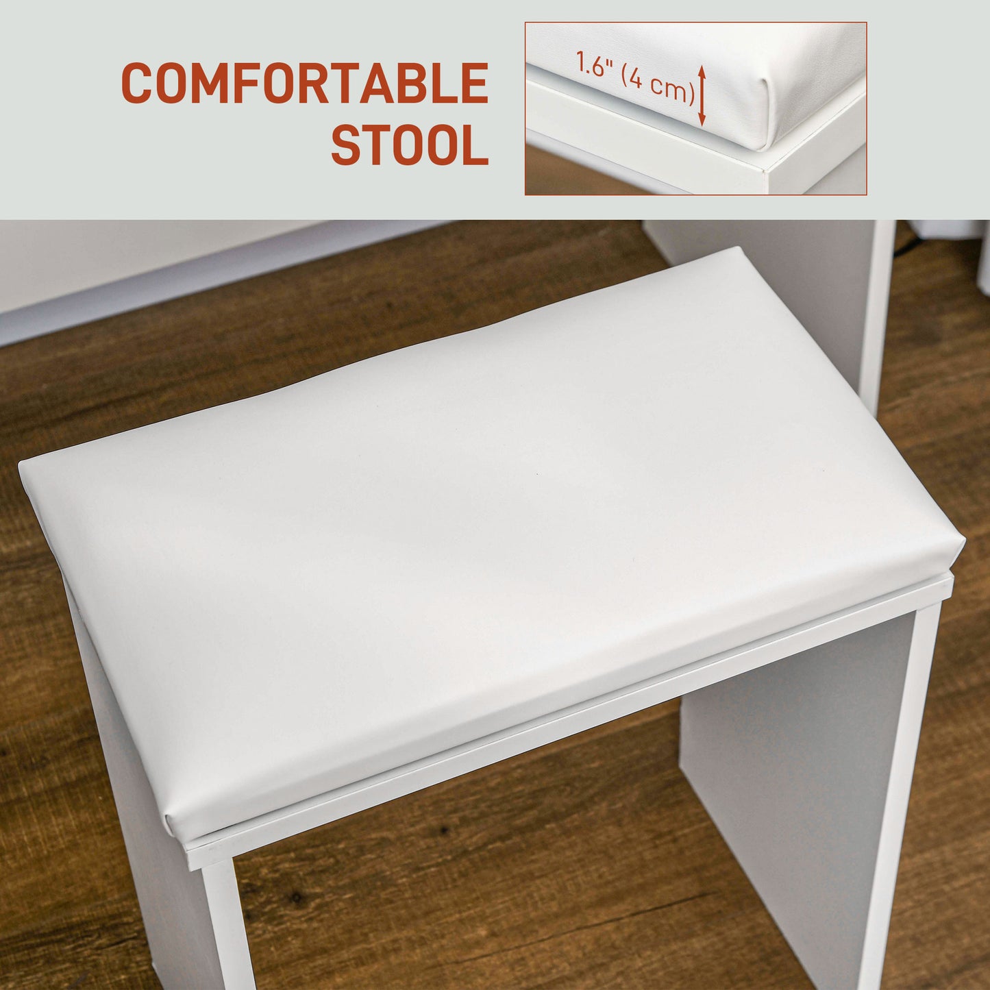 HOMCOM Makeup Vanity Desk Set with Stool, Dressing Table with LED Lighting Mirror, Drawers, for Bedroom, White