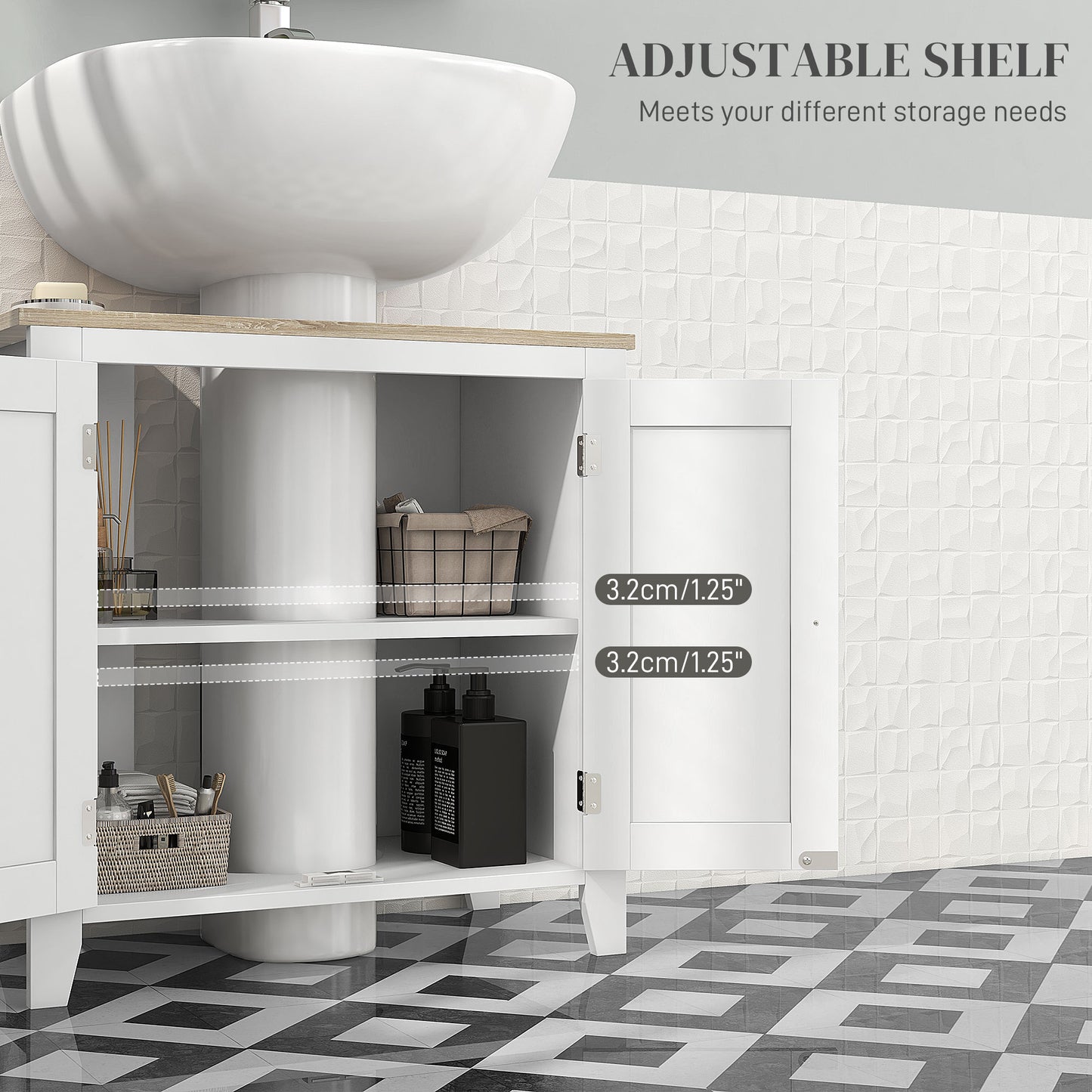 kleankin Bathroom Sink Vanity Unit, Under Sink Bathroom Cabinet with U-Shape Design and Adjustable Shelf, White