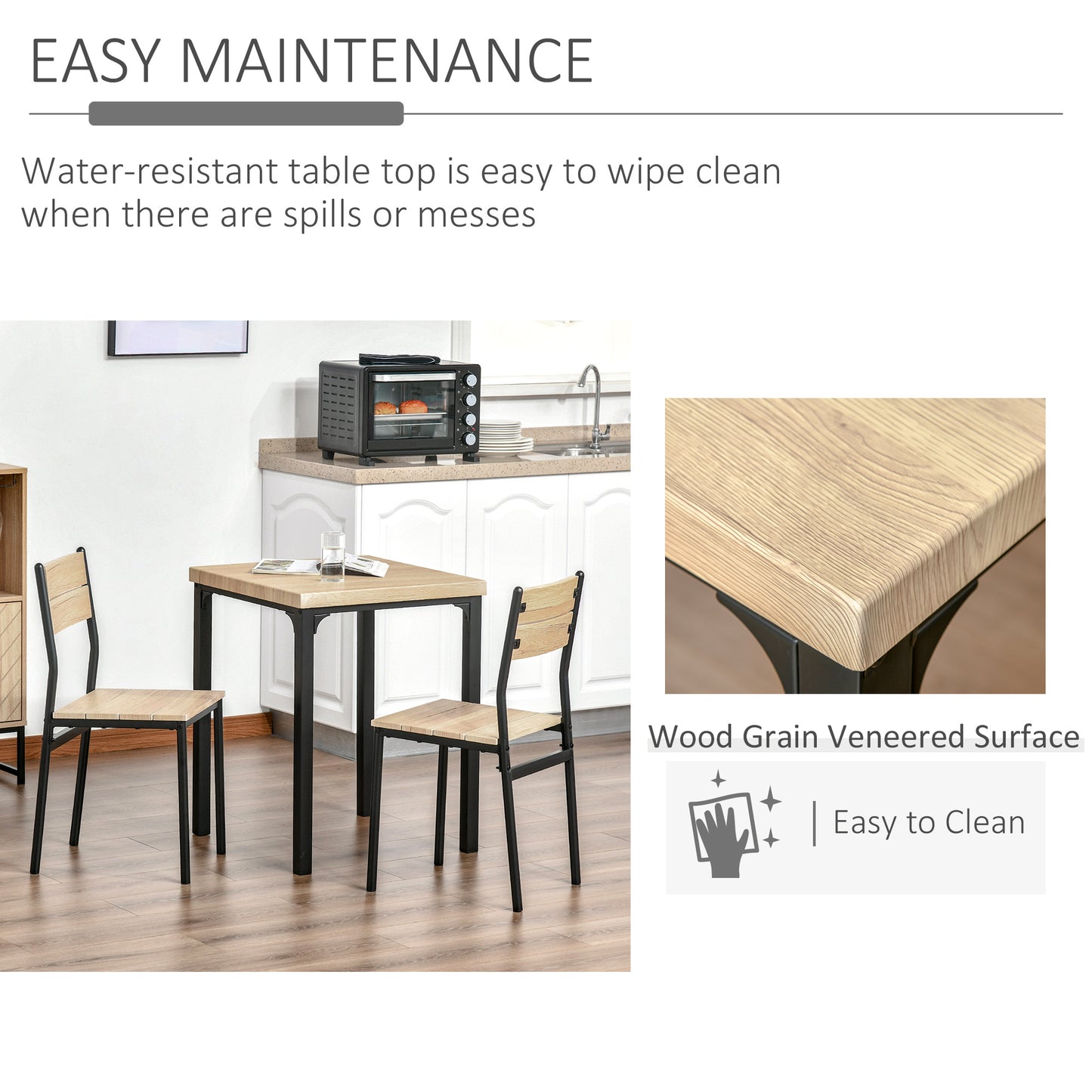 HOMCOM Dining Table Set for 2, 3 Piece Kitchen Table and Chairs with Metal Legs for Small Spaces, Natural Wood